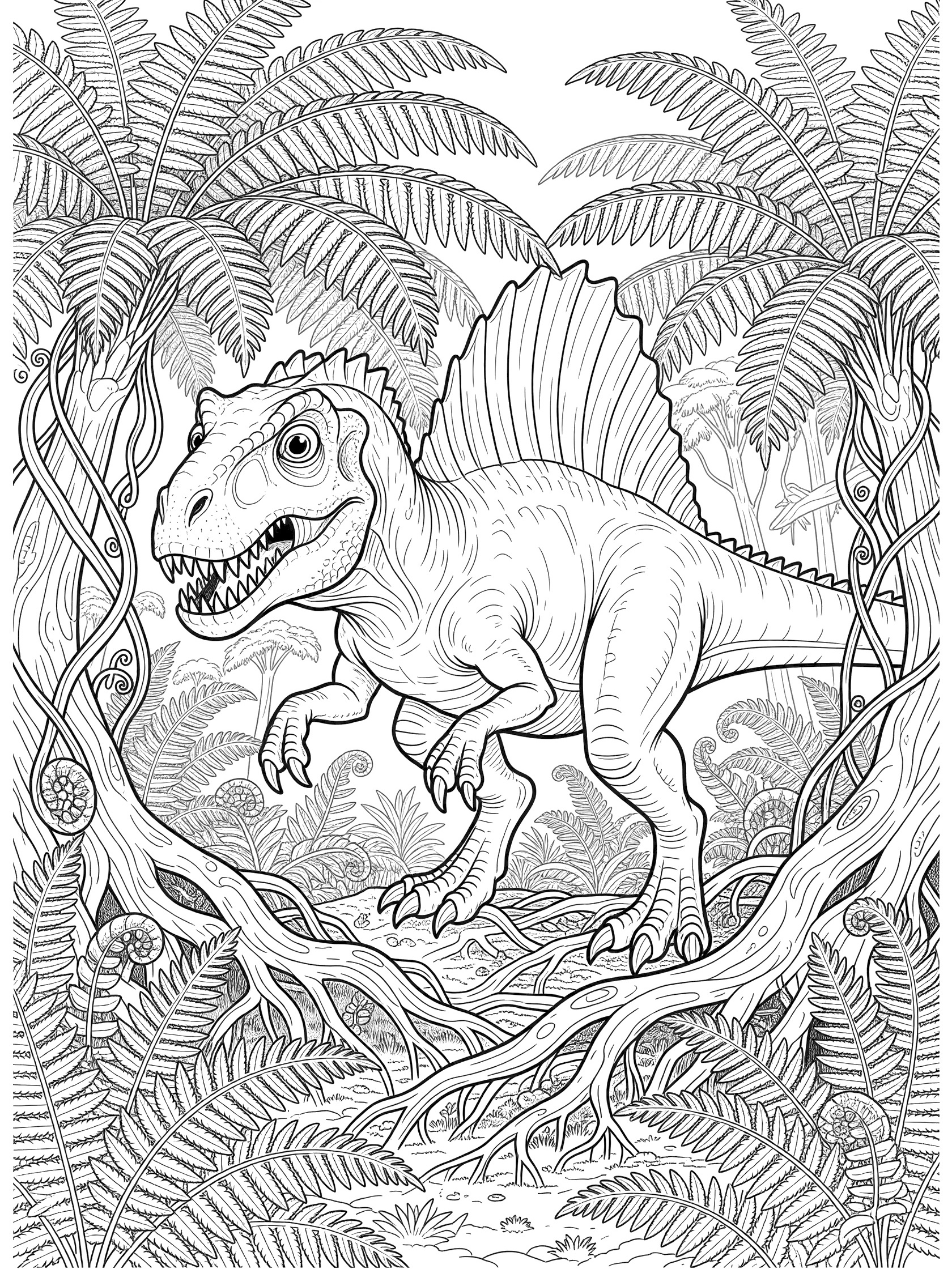 Black and white line art of Acrocanthosaurus dinosaur crouched and sneaking through a prehistoric fern forest with vines and roots