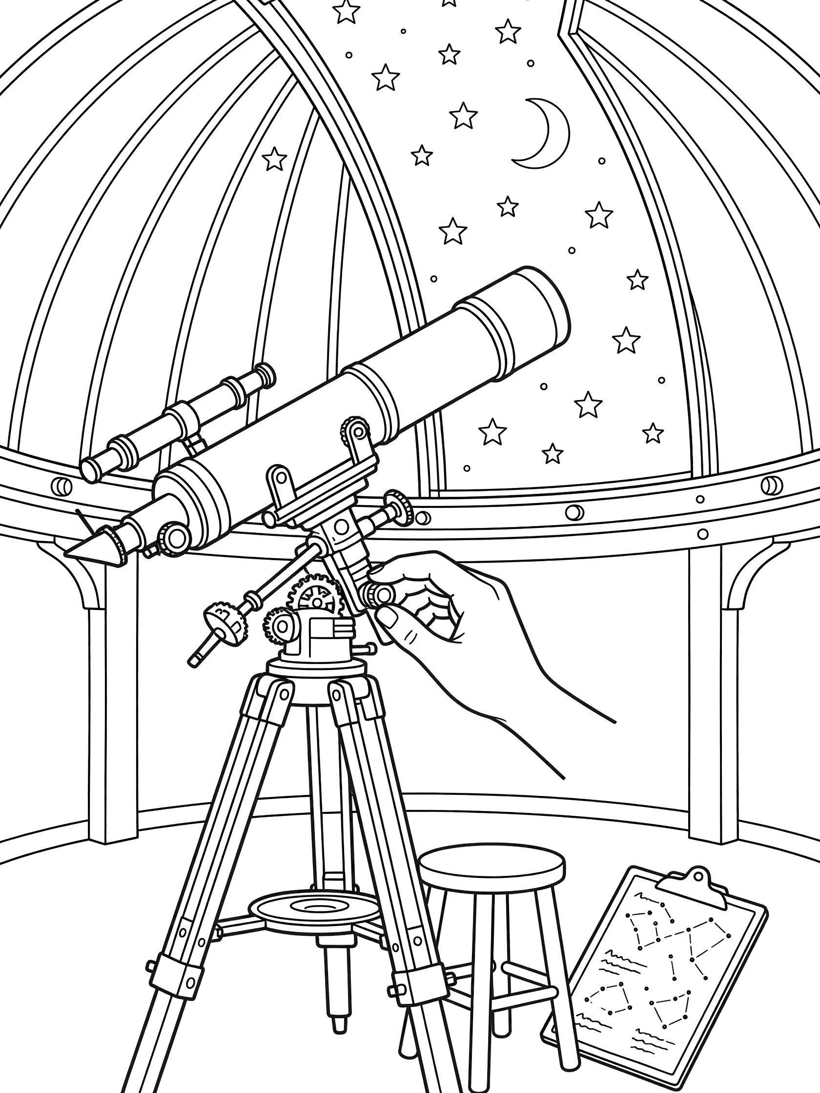 Printable coloring page showing a telescope in an observatory dome with a hand adjusting the focus knob, stars and moon visible through the open dome, clipboard and stool nearby.