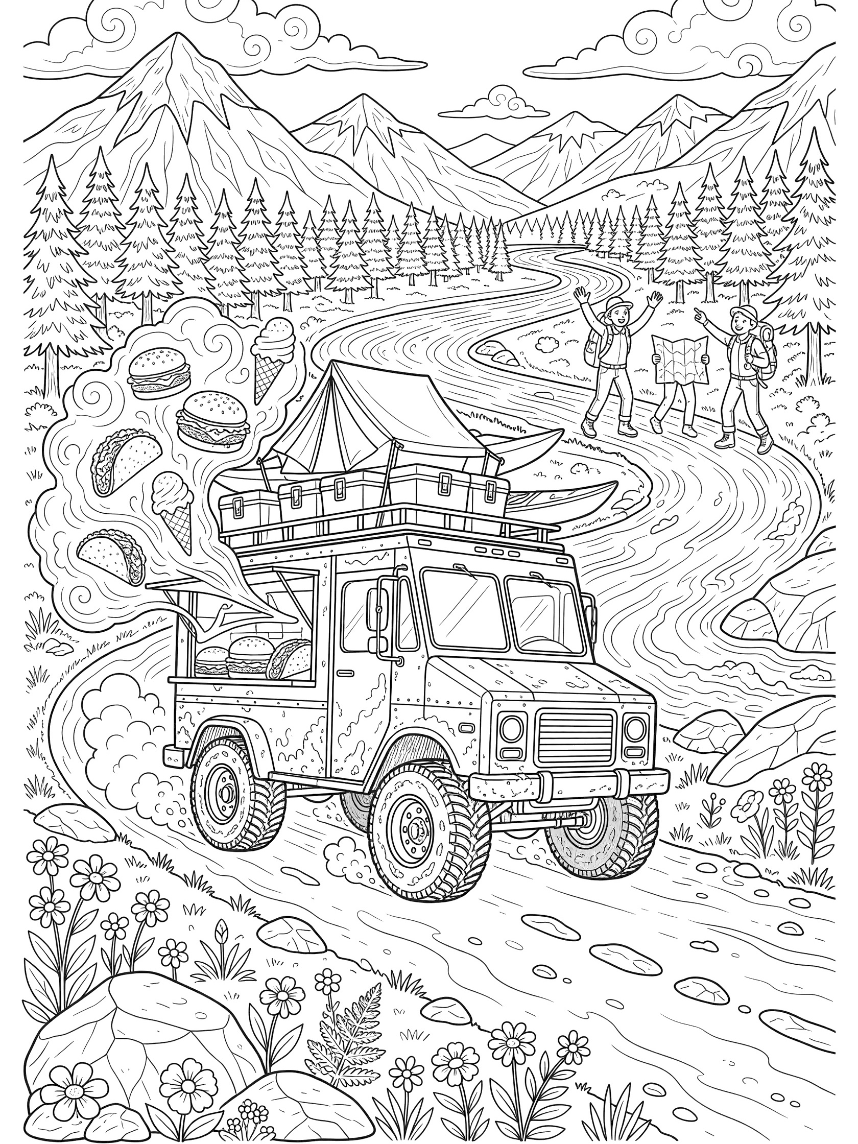 Black and white line art coloring page of a rugged food truck on off-road adventure with mountains, river, trees, backpackers, and flying tacos and burgers.