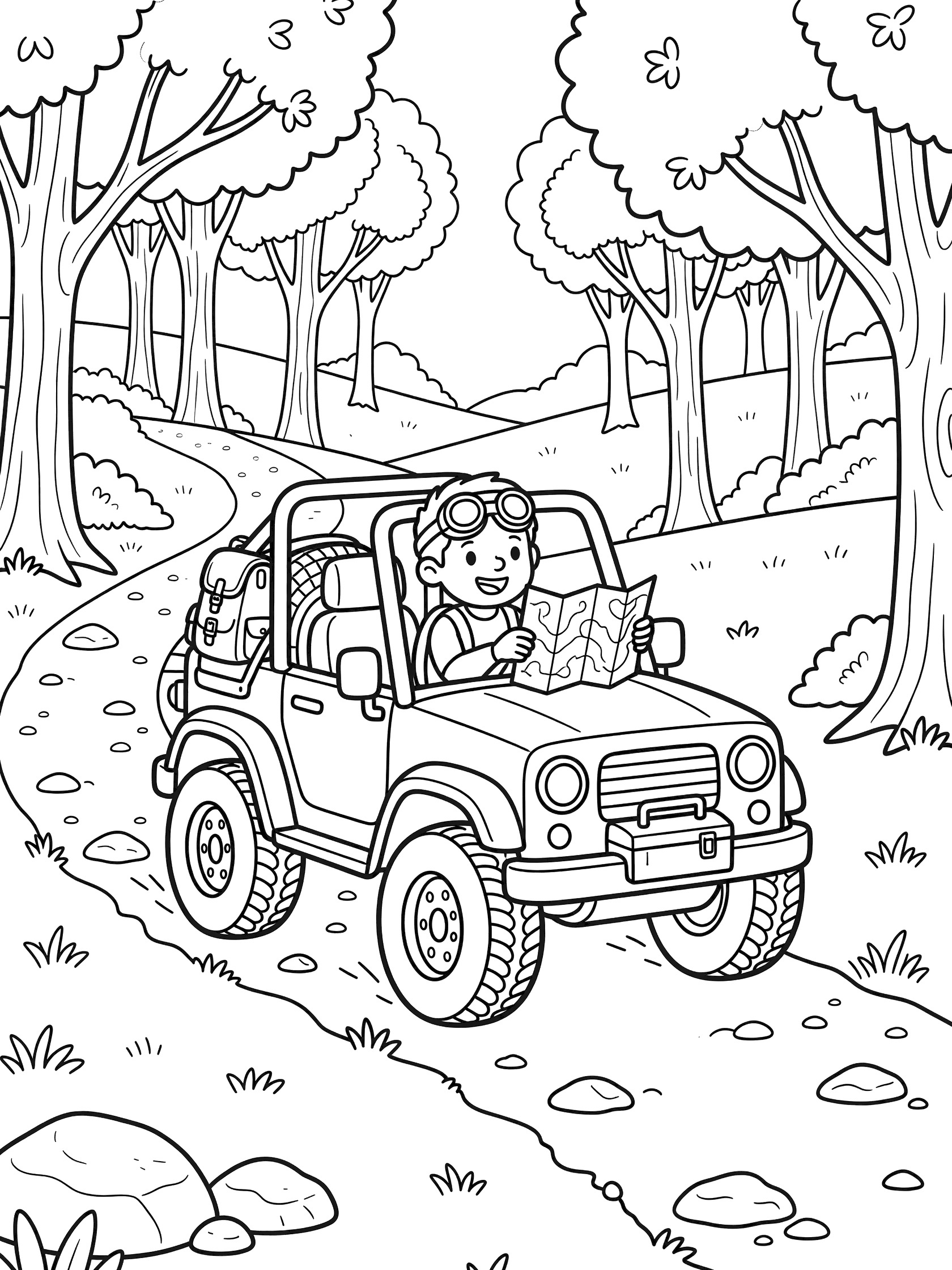 Simple line art coloring page showing a rugged kit car with large off-road tires, roll bars, spare tire, backpack, and toolbox on a bumpy forest trail. Smiling driver in goggles reads a map amid trees and rocks.