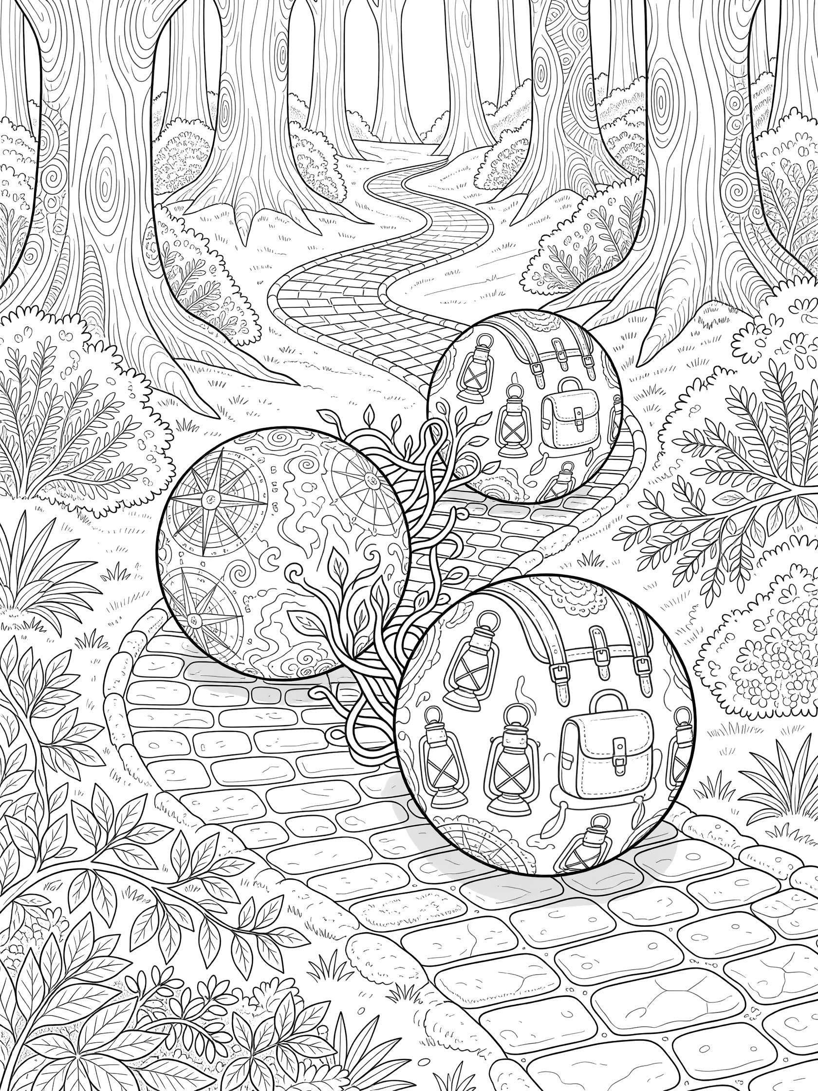 Black and white coloring page of three large orbs with intricate zentangle designs rolling on a winding path through tall trees in a magical forest.
