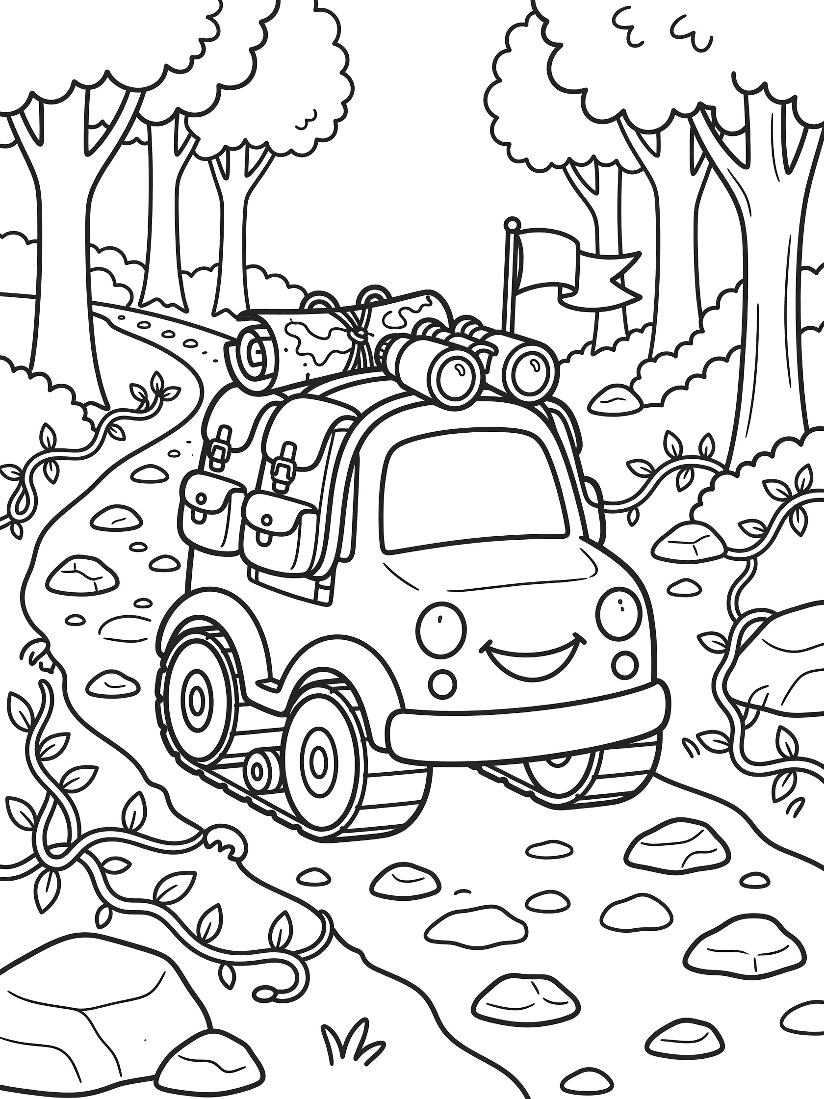 Cute cartoon personnel carrier smiling with big round wheels and sturdy tracks on forest adventure trail, backpacks map binoculars flag on top, trees rocks vines line art coloring page