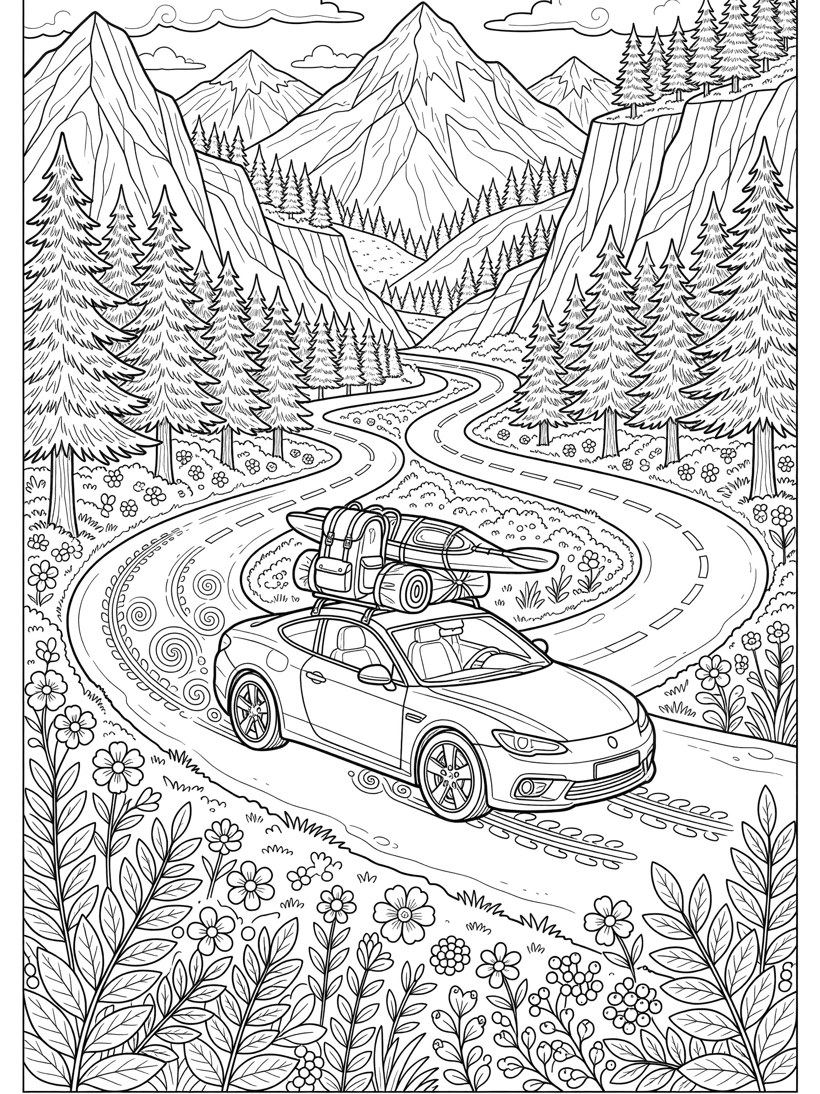 Black and white line art of a sporty coupe car speeding on a curvy mountain road lined with pine trees and wildflowers, kayak and gear on roof, detailed tire tracks behind.