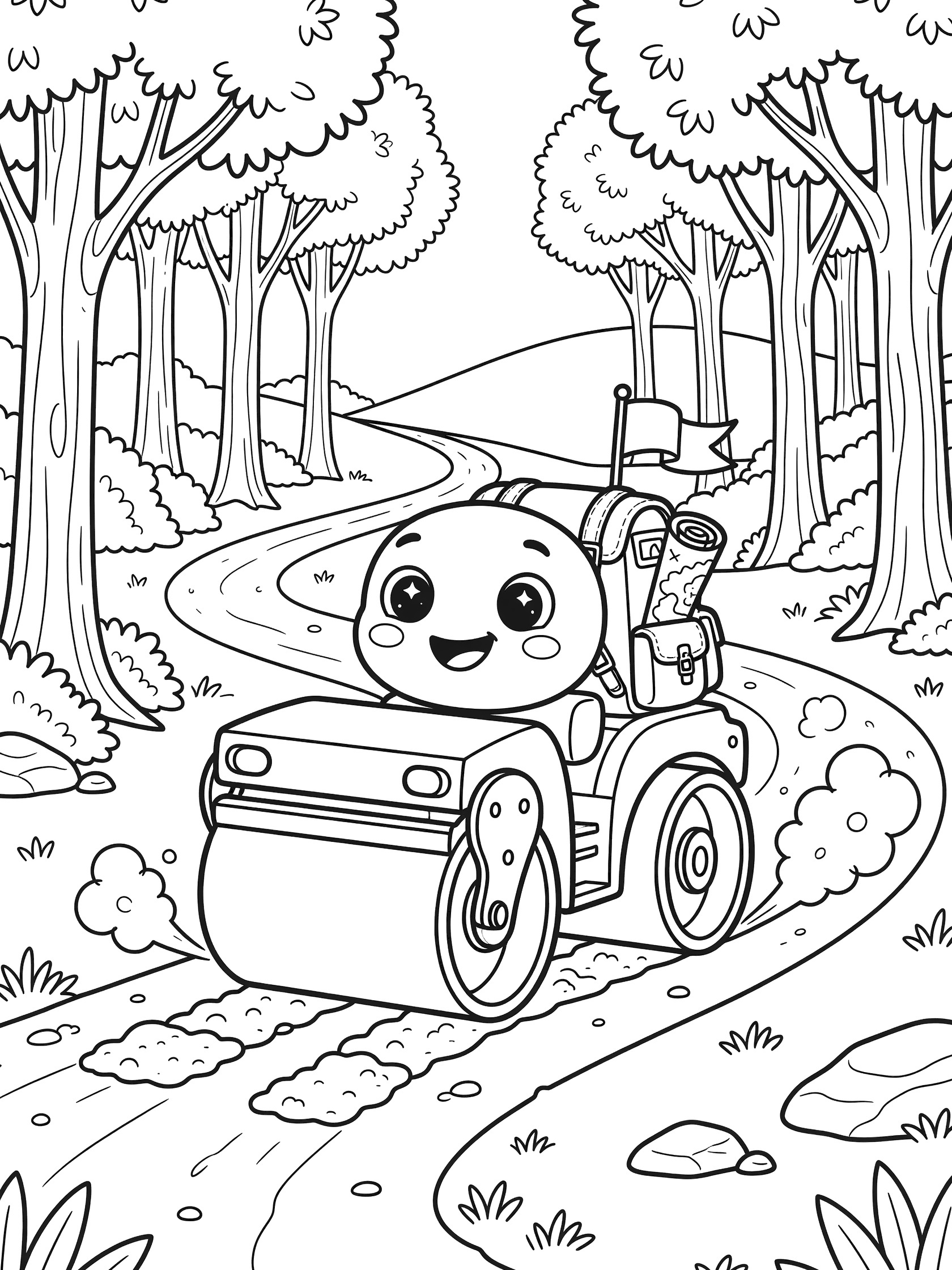 Black and white line art coloring page showing a cheerful road roller with sparkling eyes, rosy cheeks, backpack, treasure map, and flag adventuring on a bumpy forest trail with trees and rocks.