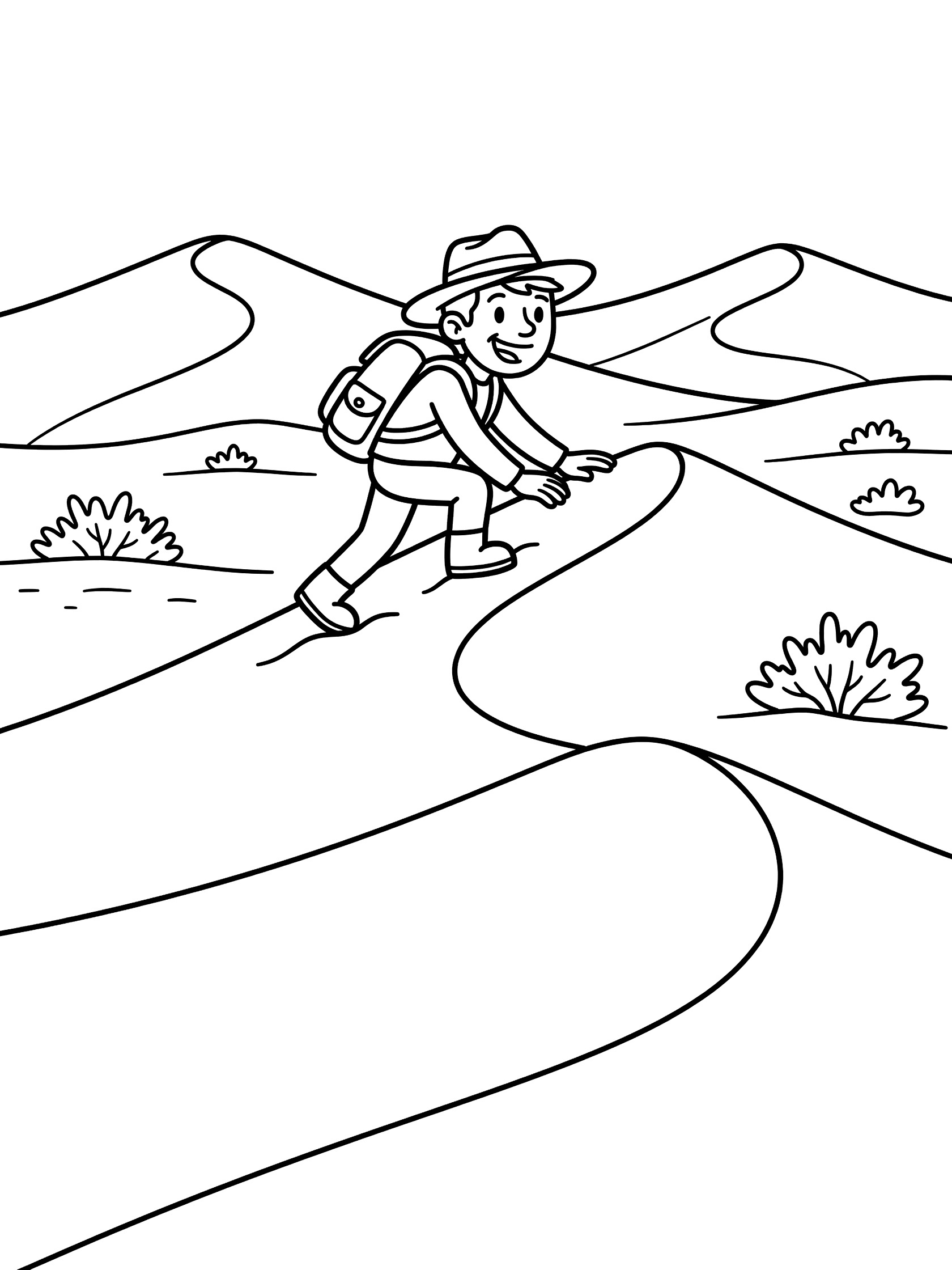 Black-and-white line art coloring page showing a smiling adventurer in a hat and backpack climbing wind-swept sand dunes in Death Valley, sparse shrubs nearby.