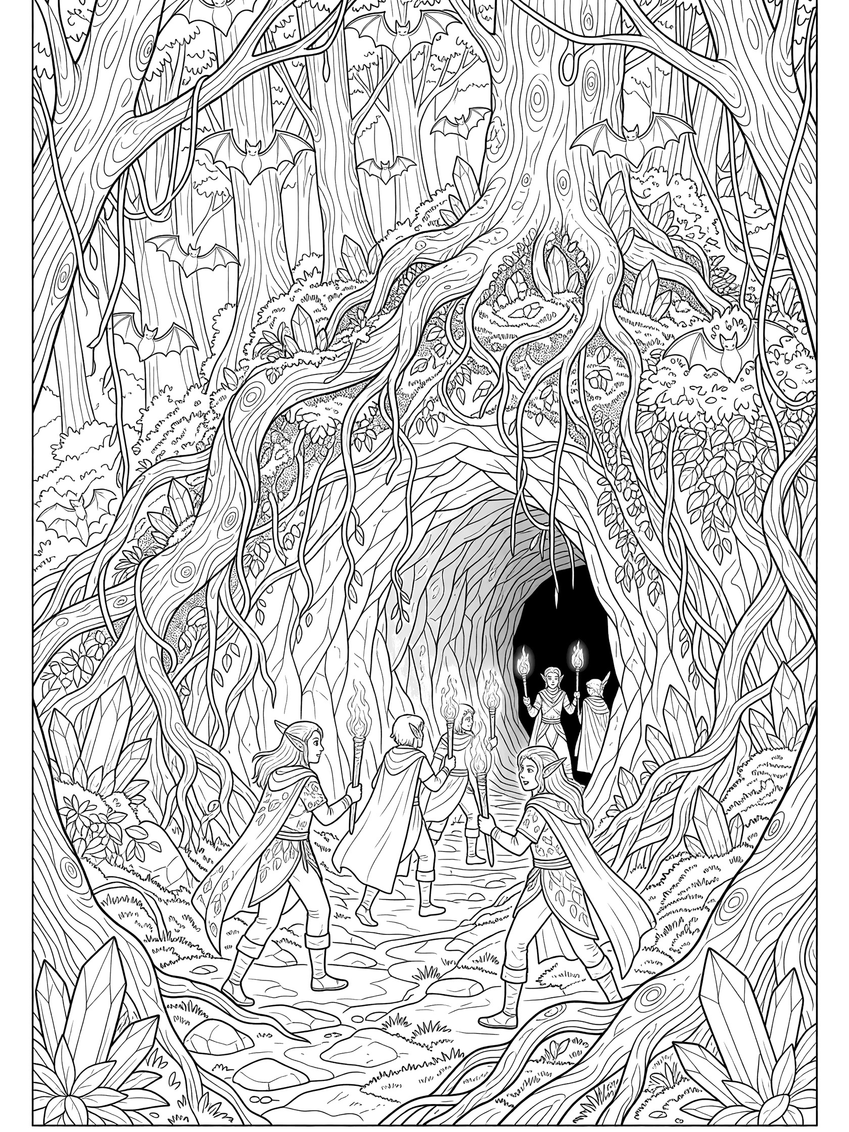 Black and white line art of four adventurers with cloaks and torches walking into a dark cave mouth covered in vines and roots in a dense forest, with bats hanging inside and crystals glowing. Wood Elves themed black and white printable line art