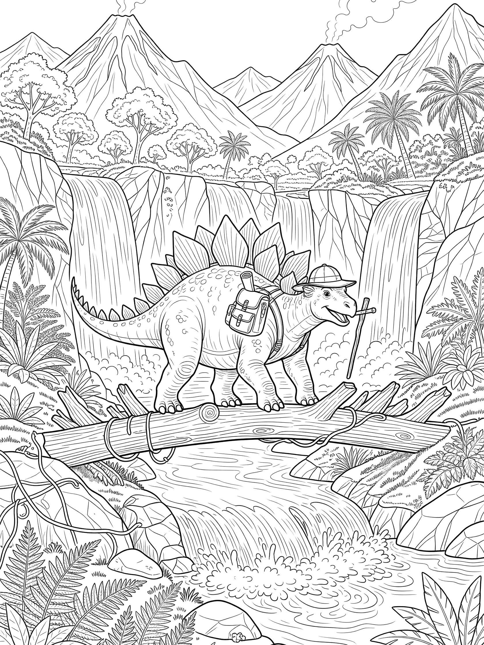 Black and white line art of a cheerful Stegosaurus wearing an explorer hat, carrying a backpack and map, walking on a wobbly log bridge over a prehistoric river with ferns, boulders, waterfalls, mountains, and volcanoes.