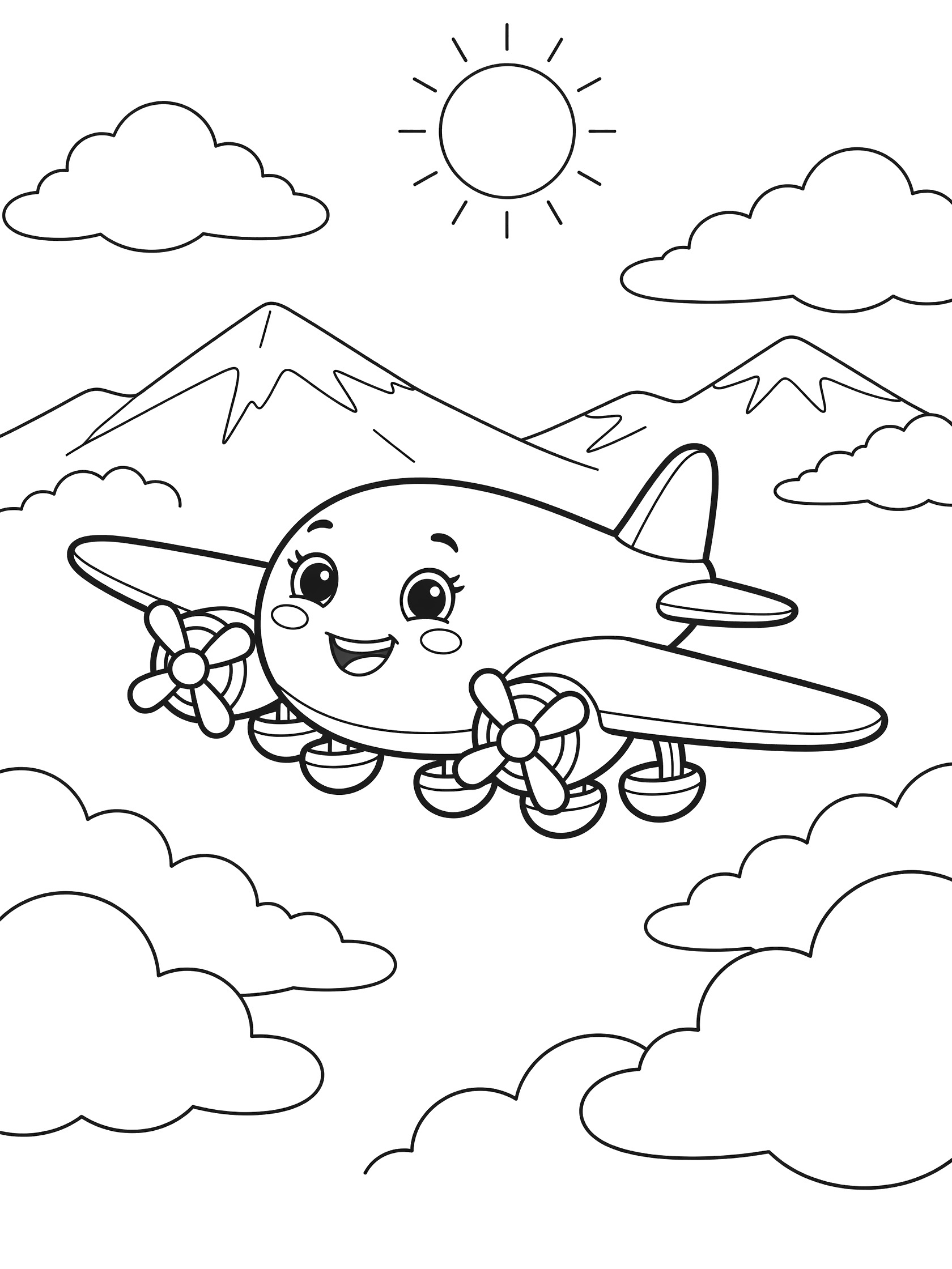 Cute smiling bomber plane coloring page soaring through sky with clouds, sun, and mountains