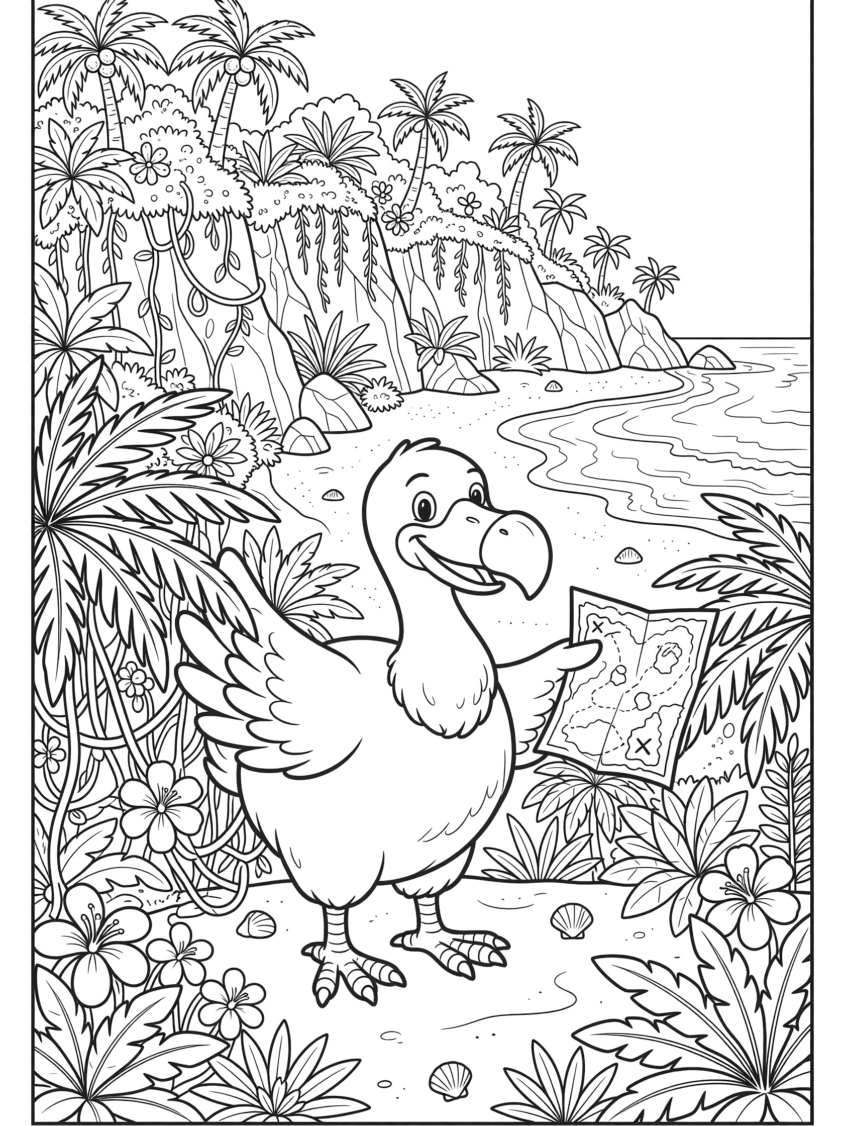 Line art coloring page showing a plump dodo bird holding a treasure map, pushing palm fronds on a sandy beach with ocean waves, cliffs, vines, and island plants.