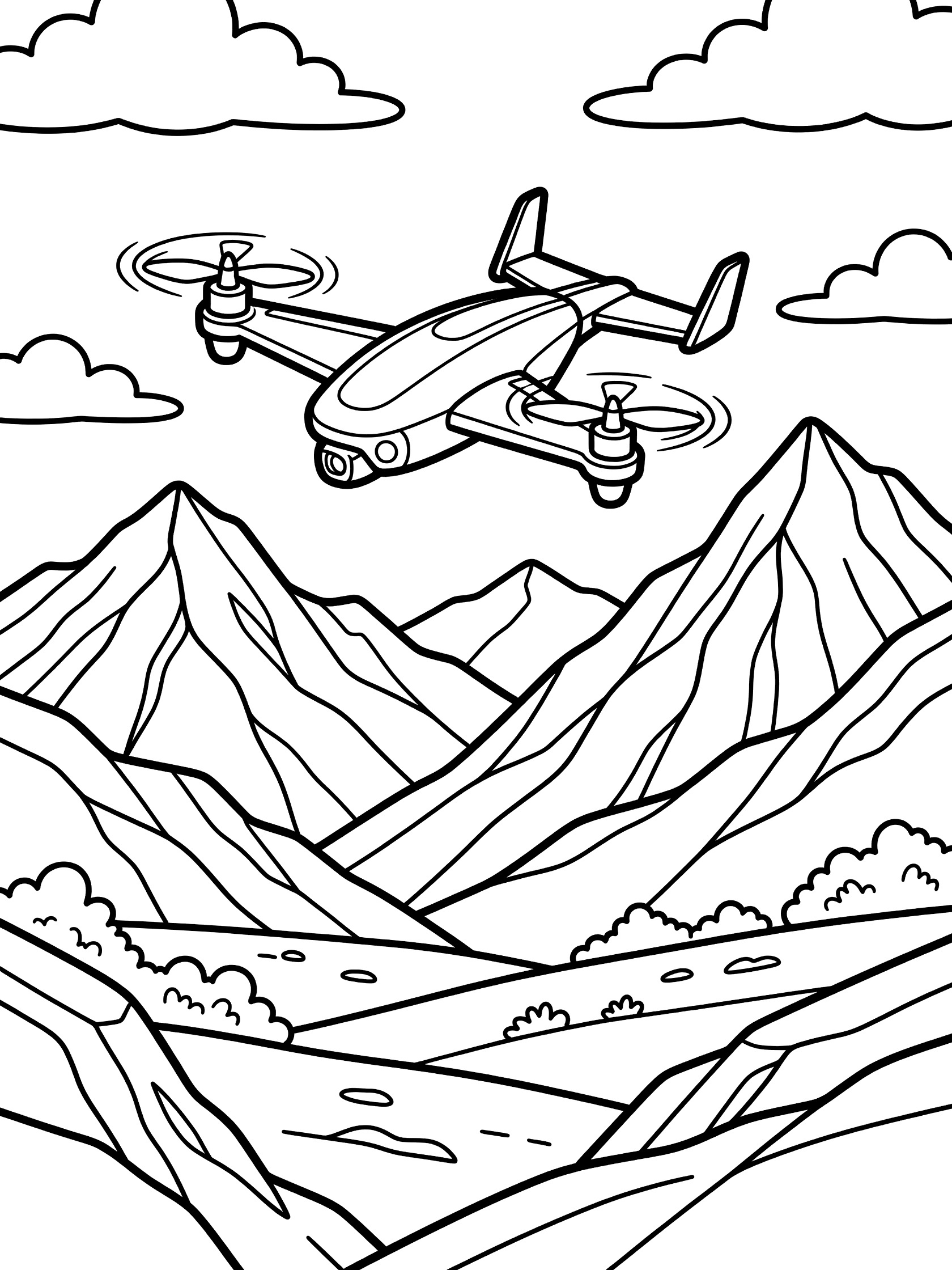 Line art coloring page showing a drone with spinning rotors flying low over rocky mountain peaks, fluffy clouds in the sky, and bushes in the valley.