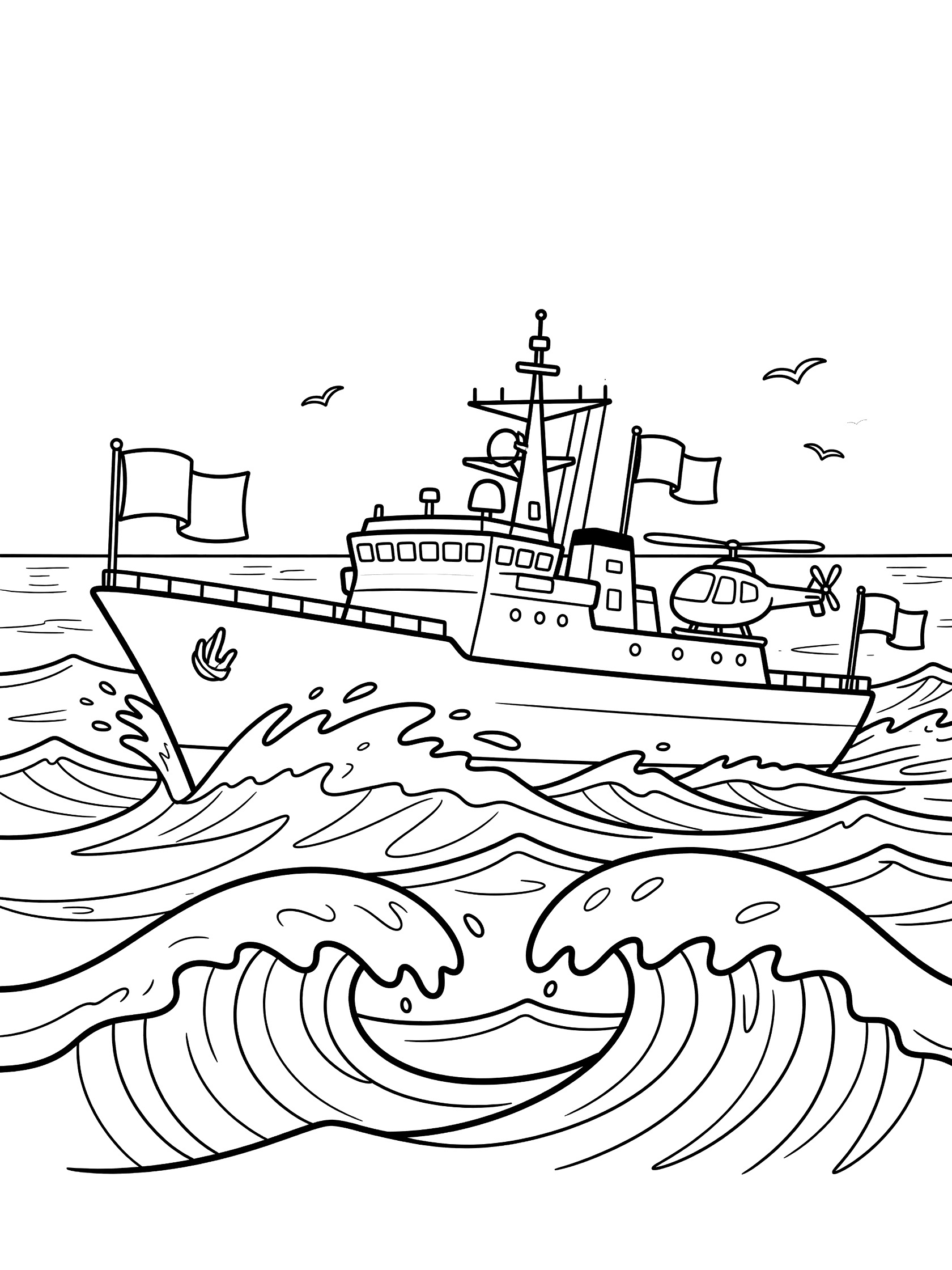 Line art coloring page showing a military frigate boat speeding through big ocean waves with helicopter on deck, waving flags, radar mast, and seabirds in the background.