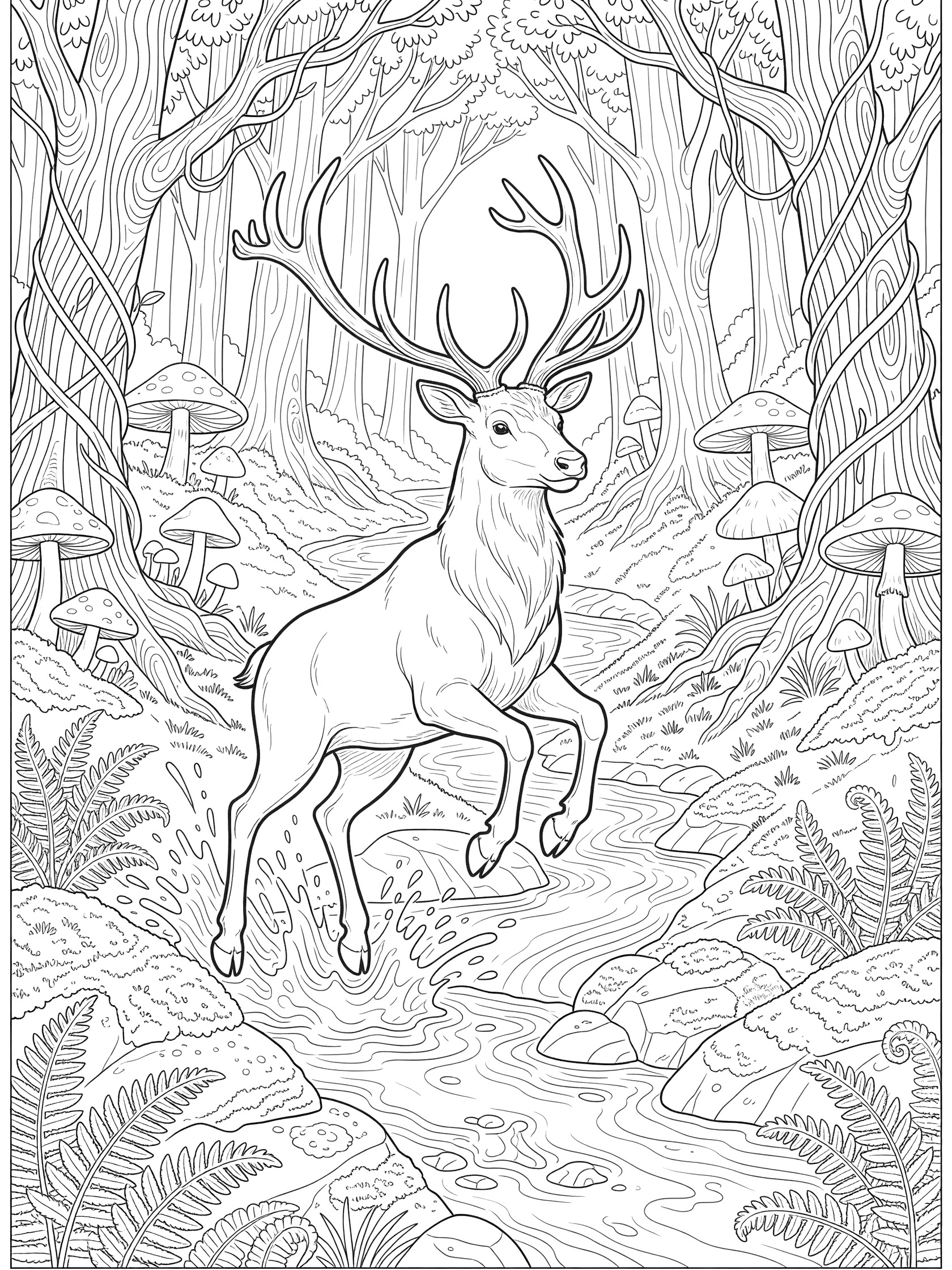 Line art coloring page showing an Irish Elk mid-jump over a sparkling stream surrounded by mossy rocks, ferns, gnarled trees, vines, and mushrooms in an ancient forest.