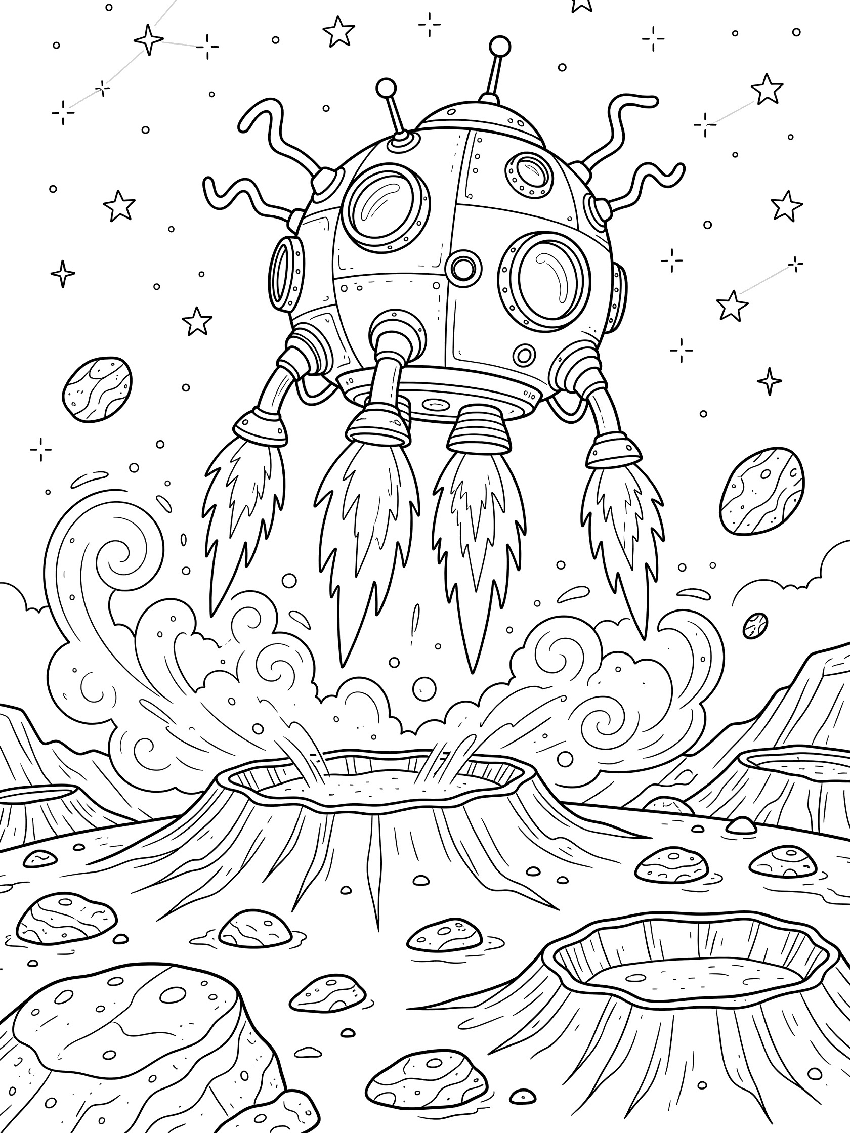 Black-and-white coloring page of a bulbous landing module with antennas and legs taking off from alien planet surface, flames and dust below, craters and stars around.