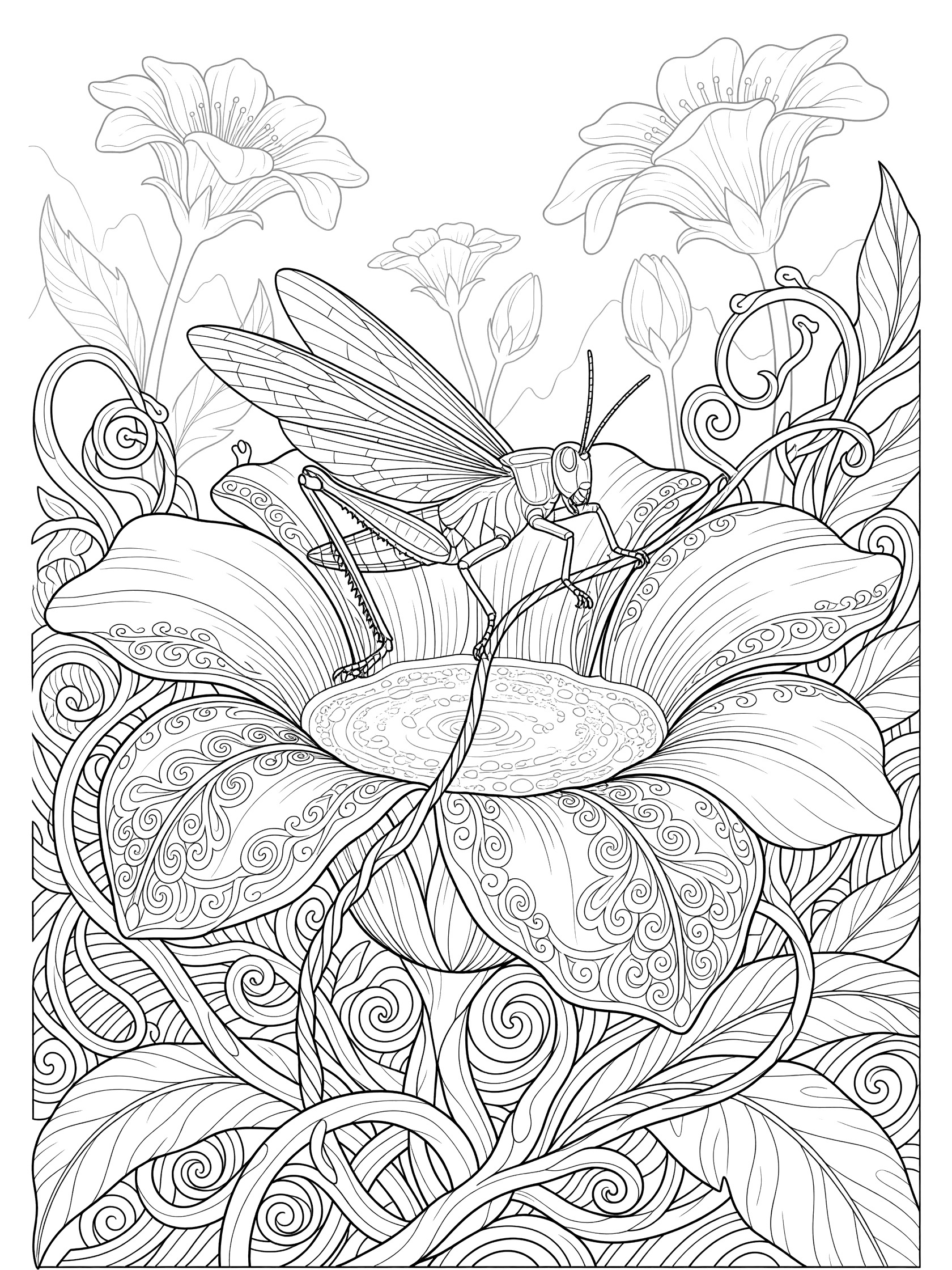 Detailed line art coloring page showing a locust with spread wings on a large flower, holding a vine, surrounded by twisting leaves and buds.