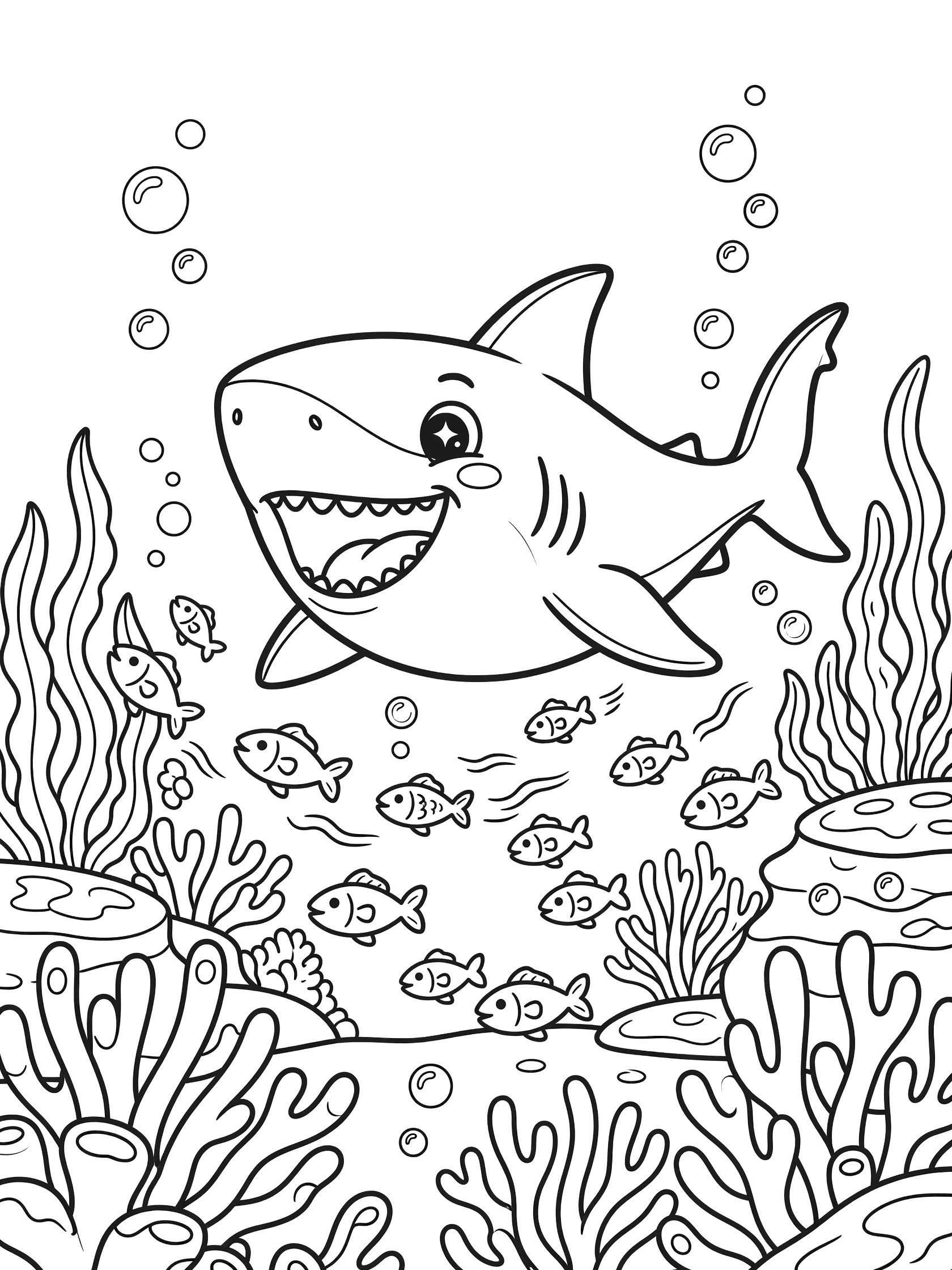 Cute cartoon Megalodon with big eyes and open mouth chasing wiggly fish in underwater scene with corals, seaweed, and bubbles, line art coloring page.