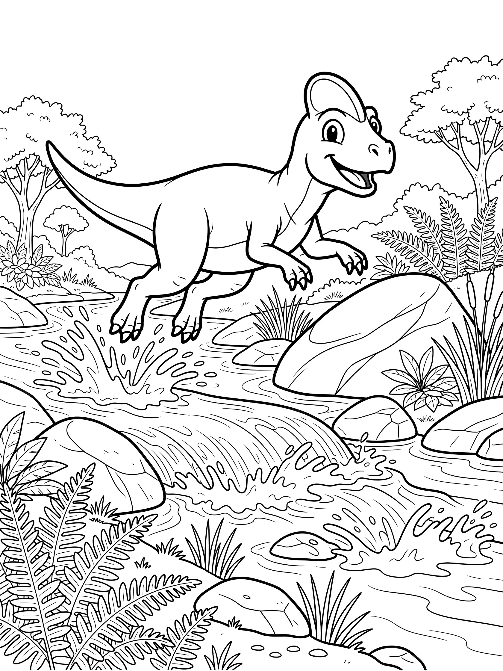 Cute cartoon Monolophosaurus with single crest leaping across rushing river on rocks, surrounded by water splashes, ferns, reeds, and distant trees in line art coloring page