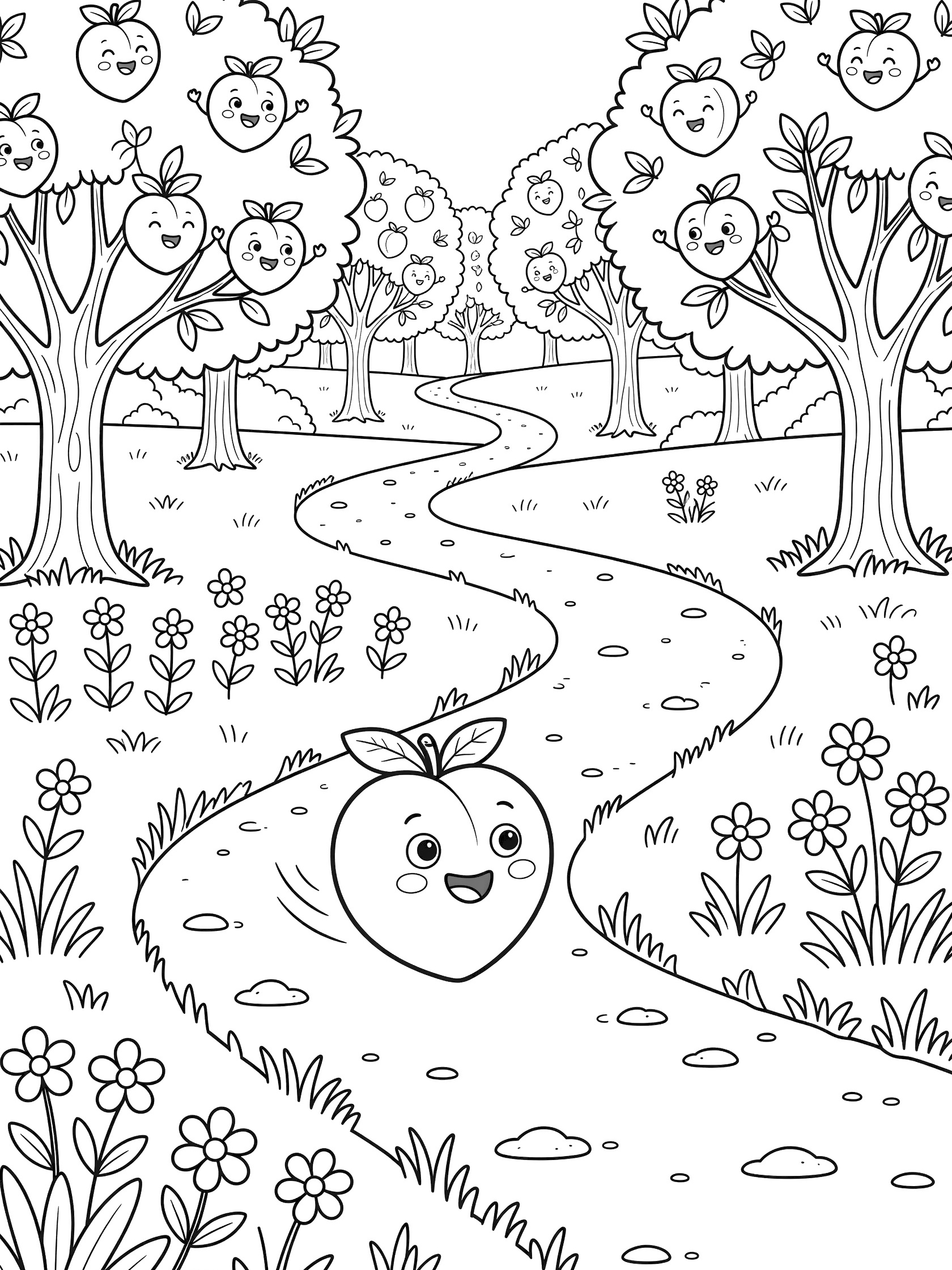 Cute peach with happy face rolling down a curvy path lined with grass and flowers, surrounded by peach trees in a whimsical orchard scene.