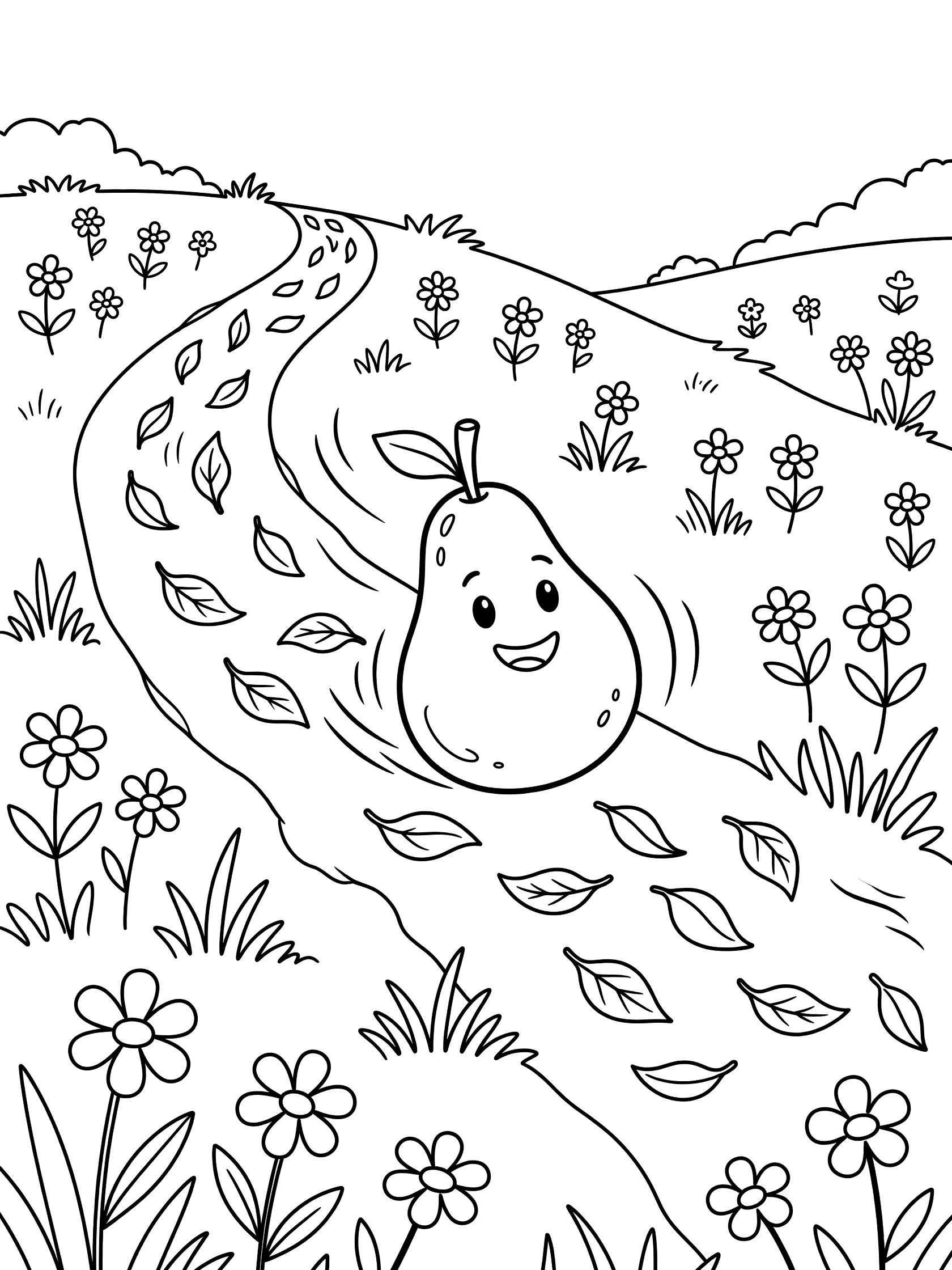 Cheerful cartoon pear with happy face rolling down a winding grassy hill path surrounded by wildflowers and scattered leaves, line art coloring page