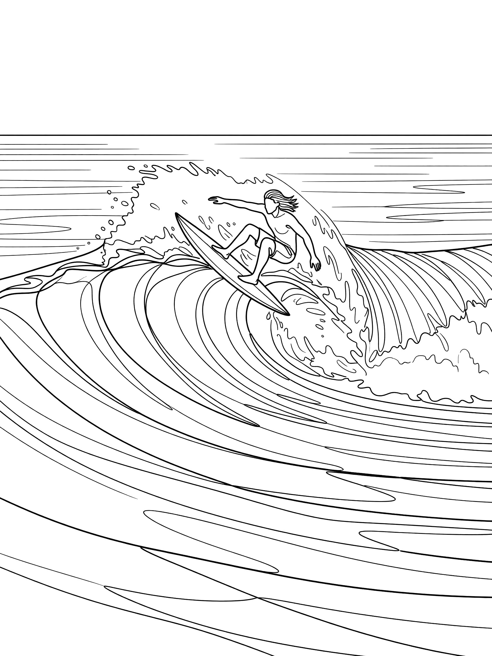 Line art coloring page showing a surfer performing aerial surfing with a lipslide into aerial launch on a big wave, foam trails, and ocean horizon.