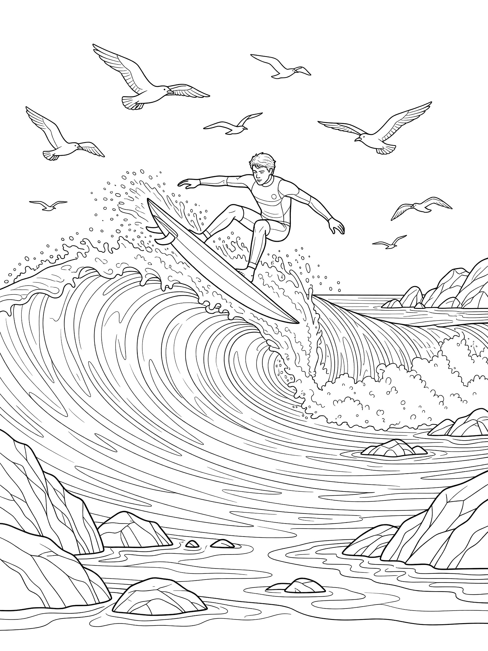 Black and white coloring page showing a surfer in aerial surfing grabbing the surfboard nose while soaring high above a breaking wave with seabirds and rocks