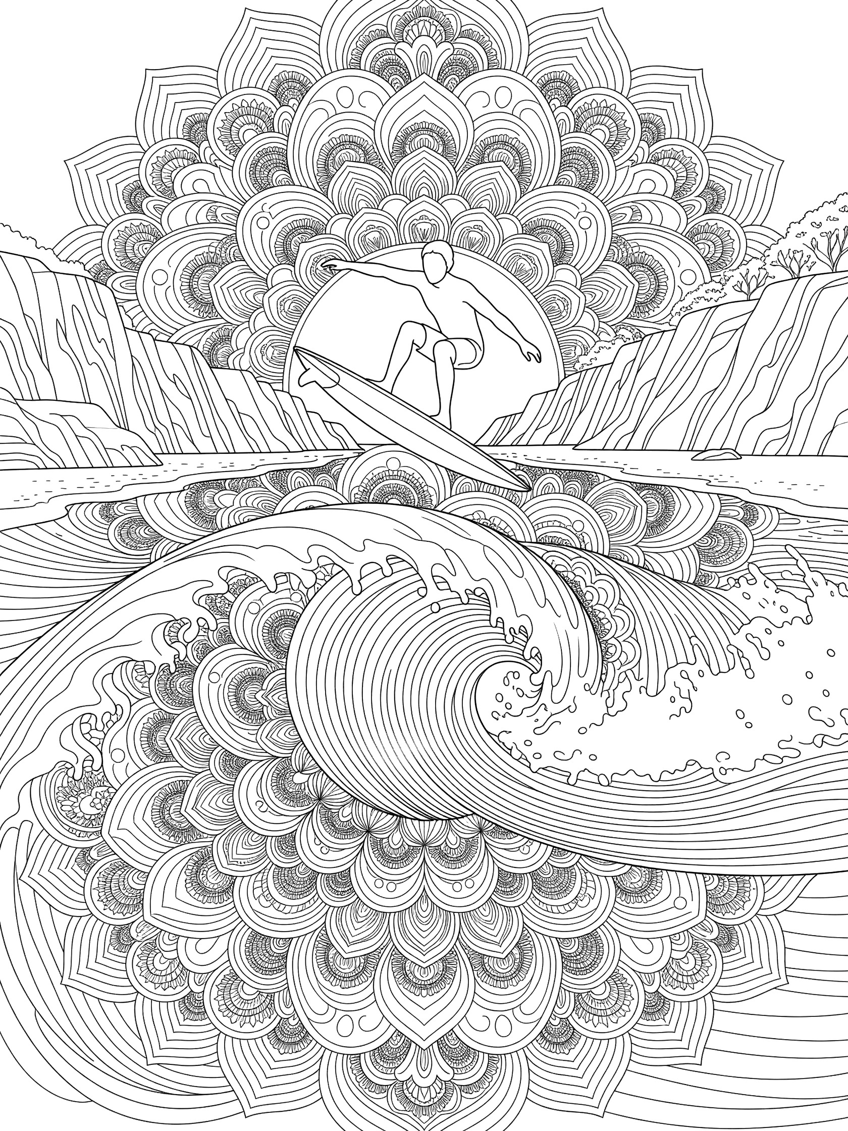 Line art coloring page showing a surfer executing a floater aerial in aerial surfing over a curling breaking wave with mandala patterns and distant cliffs.
