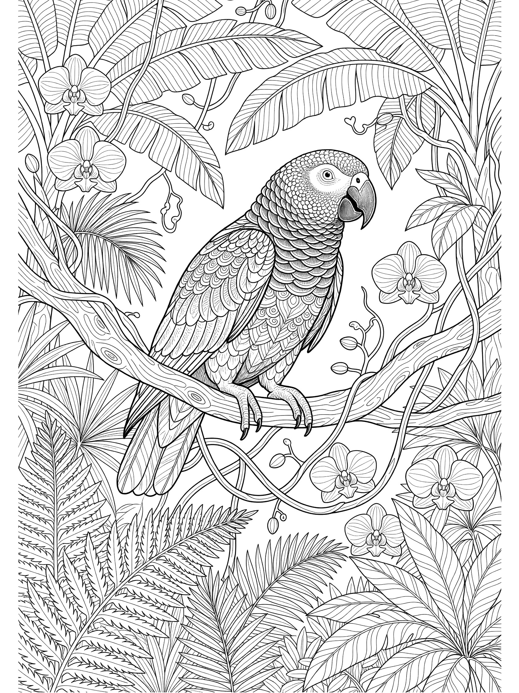 Black and white coloring page of African Grey Parrot perched on twisted branch in African Jungle with orchids, ferns, vines, and banana leaves.