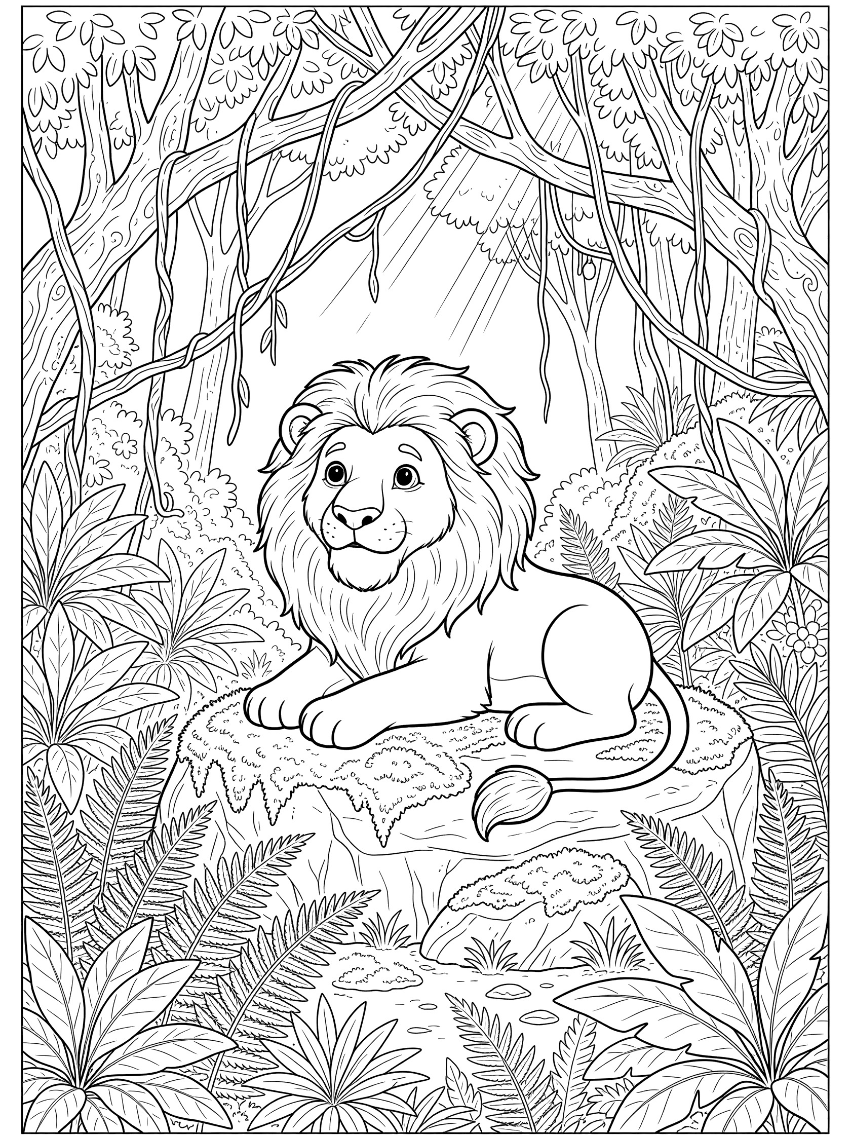 Black-and-white coloring page of a cute lion with fluffy mane resting on a mossy rock in an African jungle surrounded by ferns, vines, and large leaves.