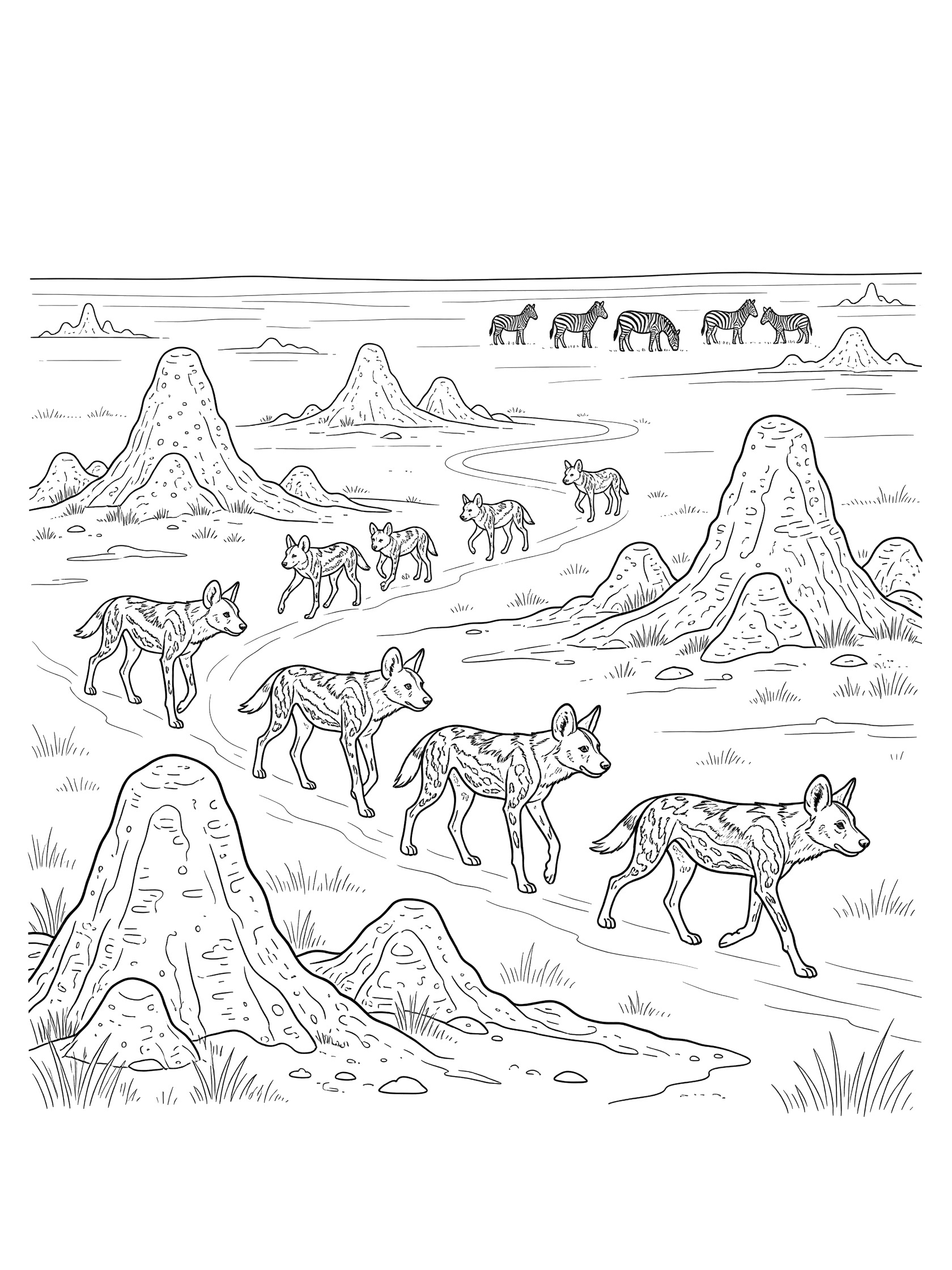 Black and white line art coloring page showing five African wild dogs in a line walking across savanna plains with tall termite mounds and distant zebras grazing.