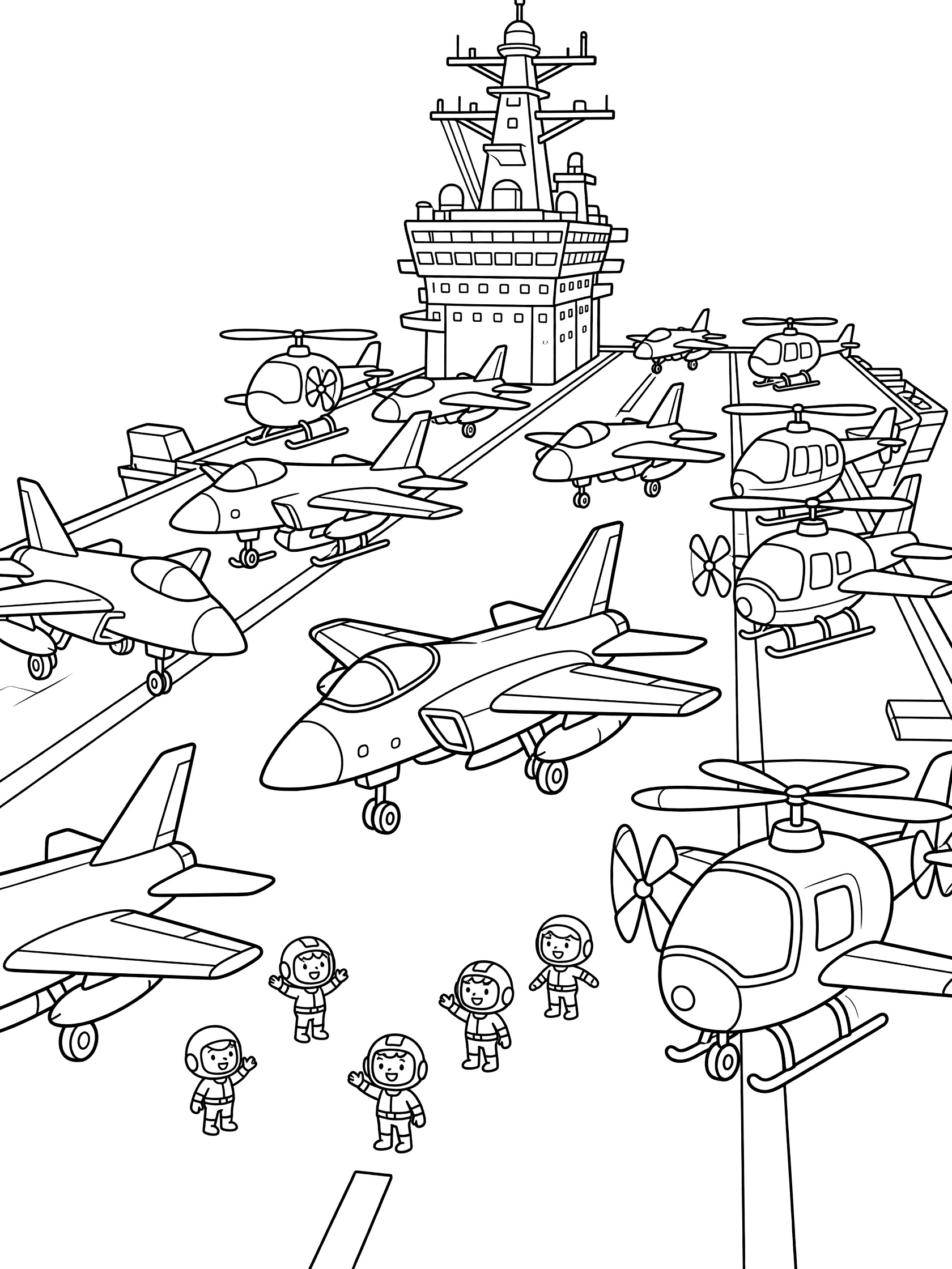 Whimsical line art coloring page showing an aircraft carrier deck packed with parked fighter jets and helicopters, arrestor wires, catapults, island tower, and little pilots in helmets.