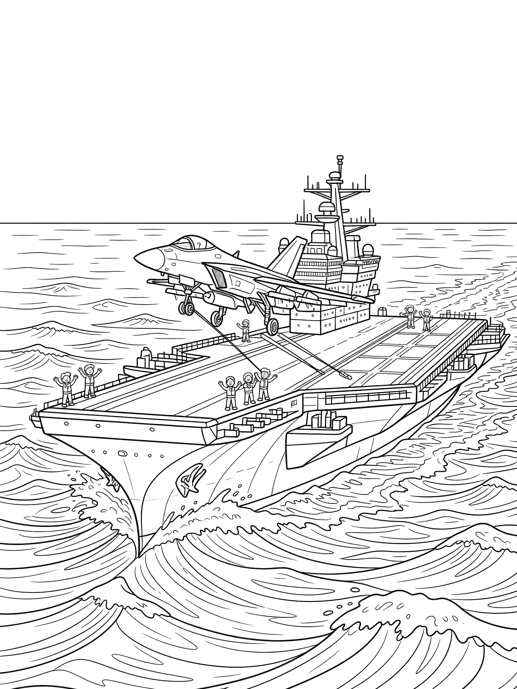 Black and white line art of a massive aircraft carrier sailing on waves as a sleek fighter plane lands on the angled deck with extended gear and hook, crew waving nearby.