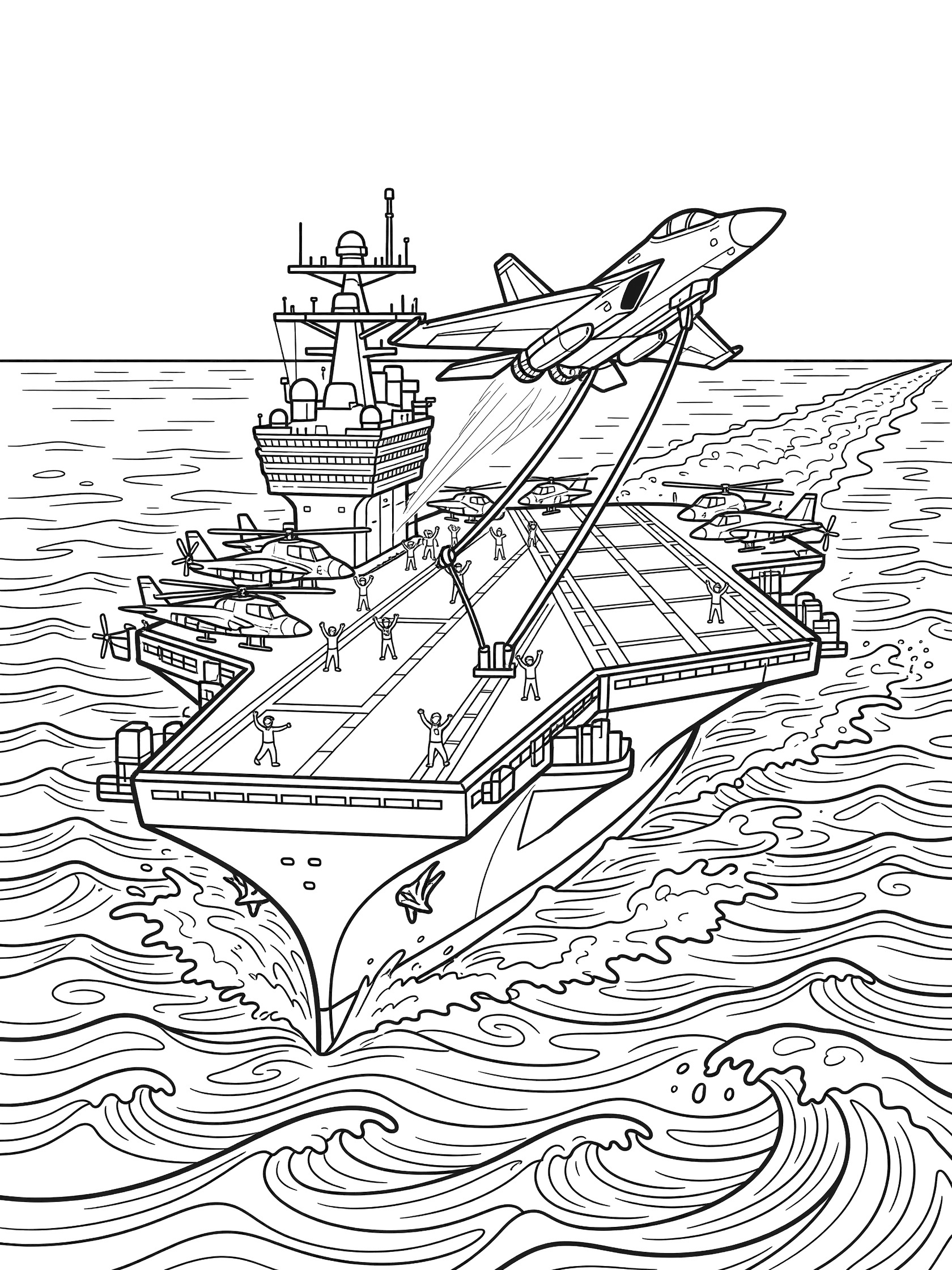 Black and white line art of a massive aircraft carrier in ocean waves launching a sleek fighter jet with catapult cables, angled island, parked planes and helicopters, and tiny crew figures.