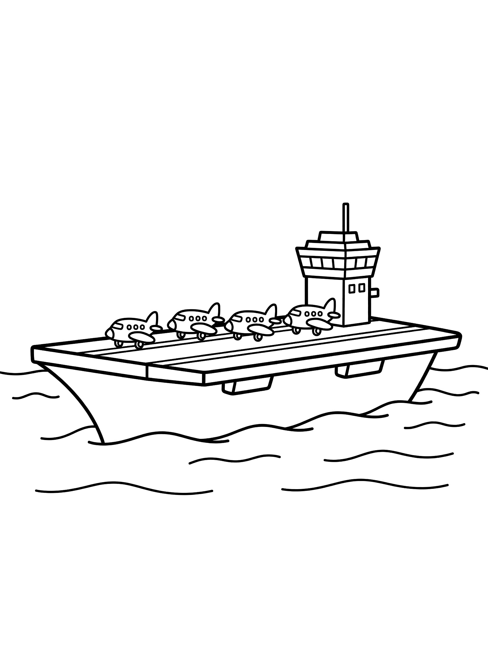 Black and white line art coloring page showing a simple cartoon aircraft carrier floating on waves with several airplanes parked on its deck and a tall control tower.