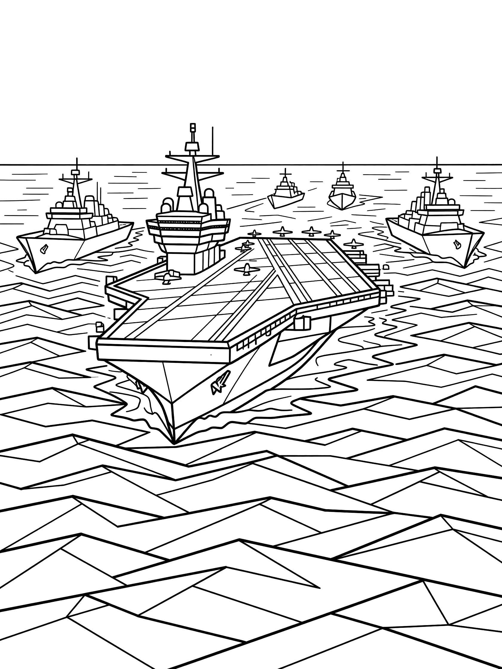 Black and white line art of an aircraft carrier with two destroyers, a cruiser, fighter jets on deck, and ocean waves for coloring