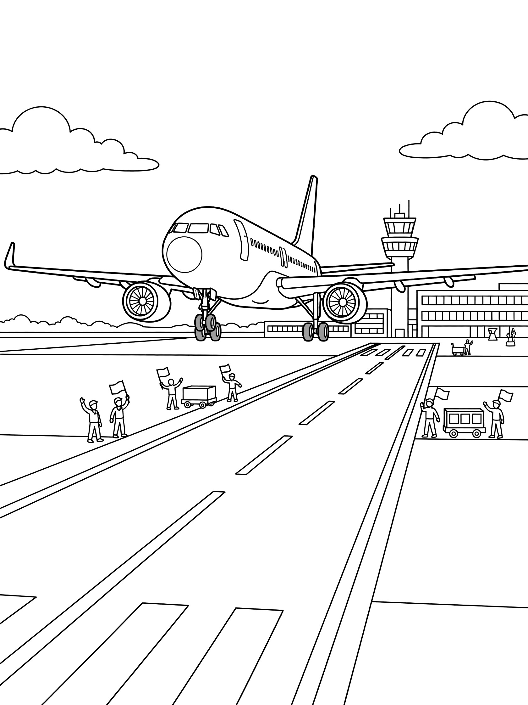 Black and white coloring page of a passenger airliner landing on runway with extended landing gear, ground crew with flags and carts, control tower, and terminal building.