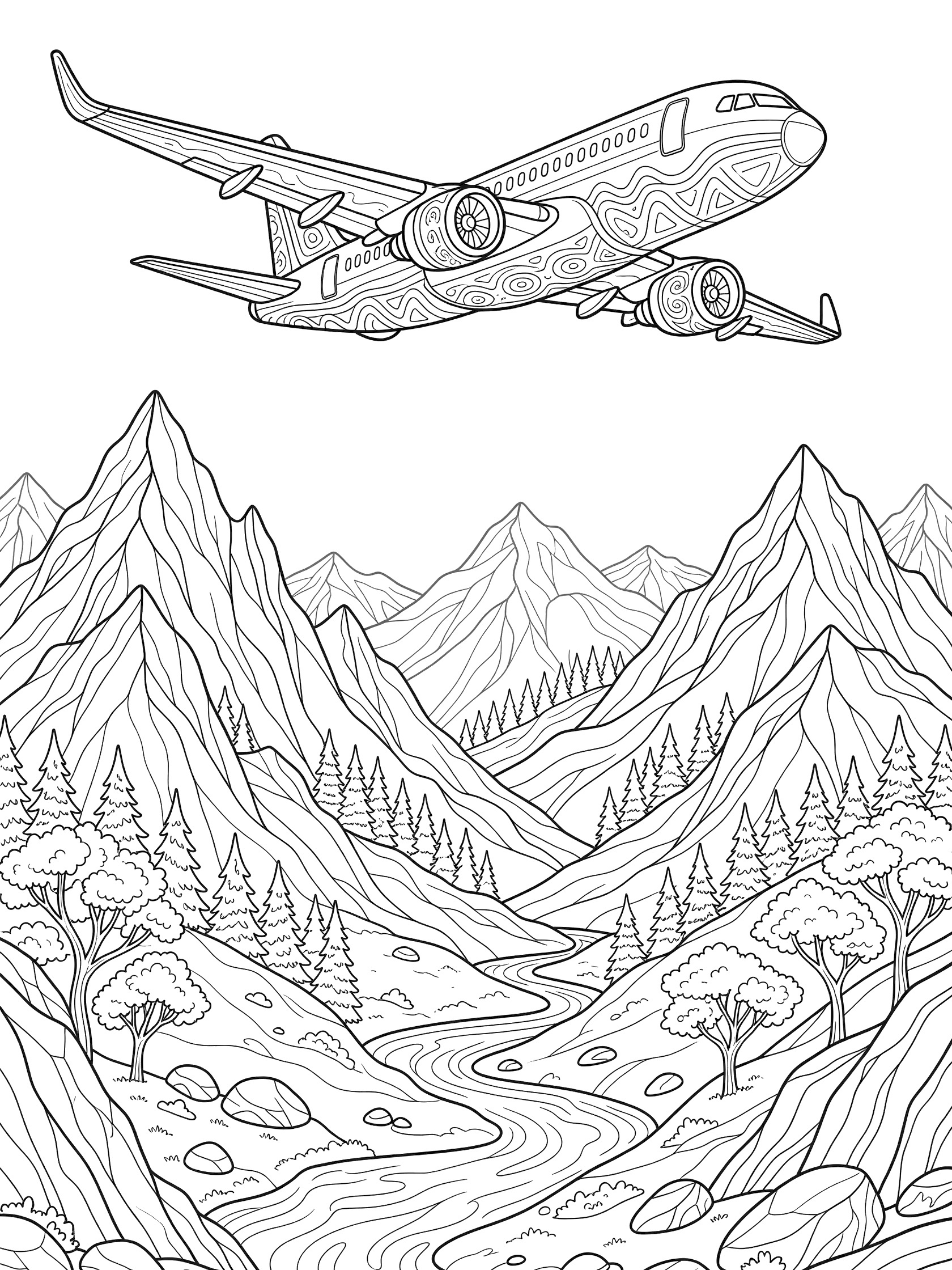 Doodle-style coloring page with a detailed airliner flying above dramatic mountain peaks, rocky ridges, pine trees, and a twisting river valley.