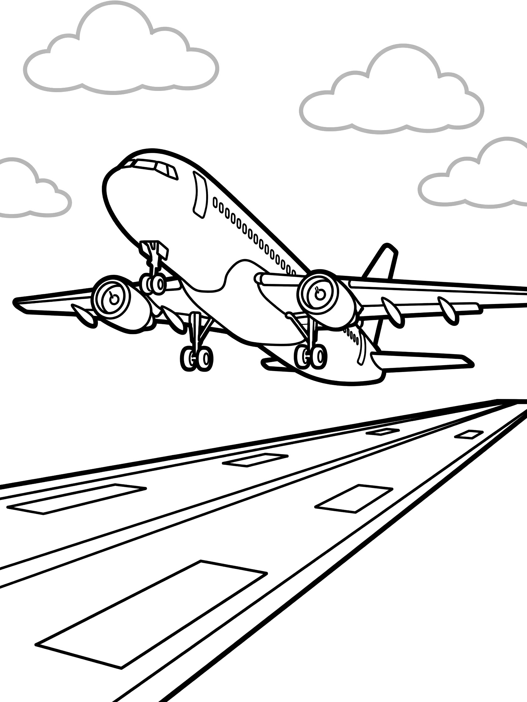 Black and white coloring page of an airliner airplane taking off from airport runway, nose tilted up, landing gear off ground, runway behind, clouds in sky