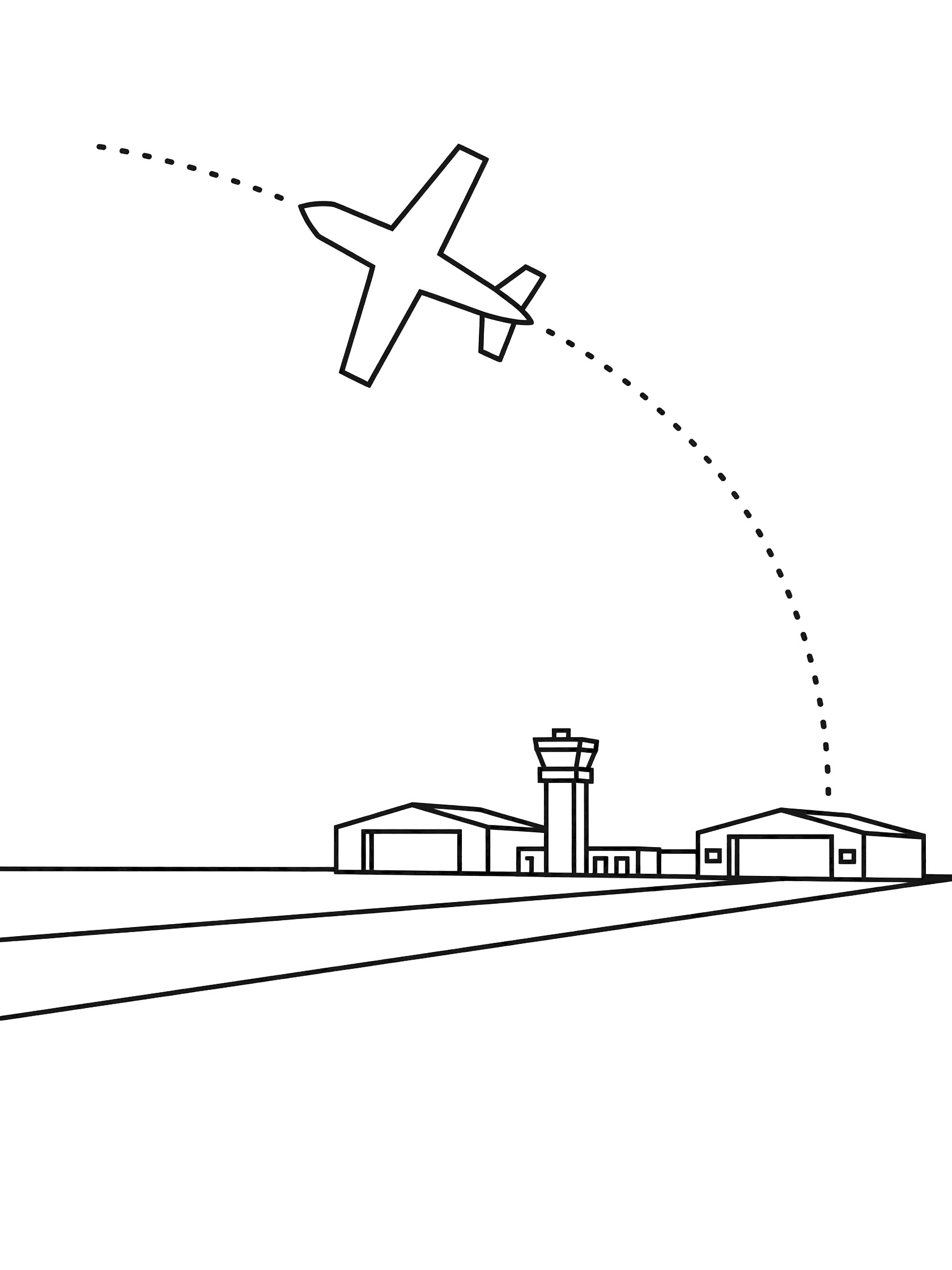 Line art coloring page showing a propeller airplane circling an airfield with buildings, control tower, and hangars. Bomber themed black and white printable line art