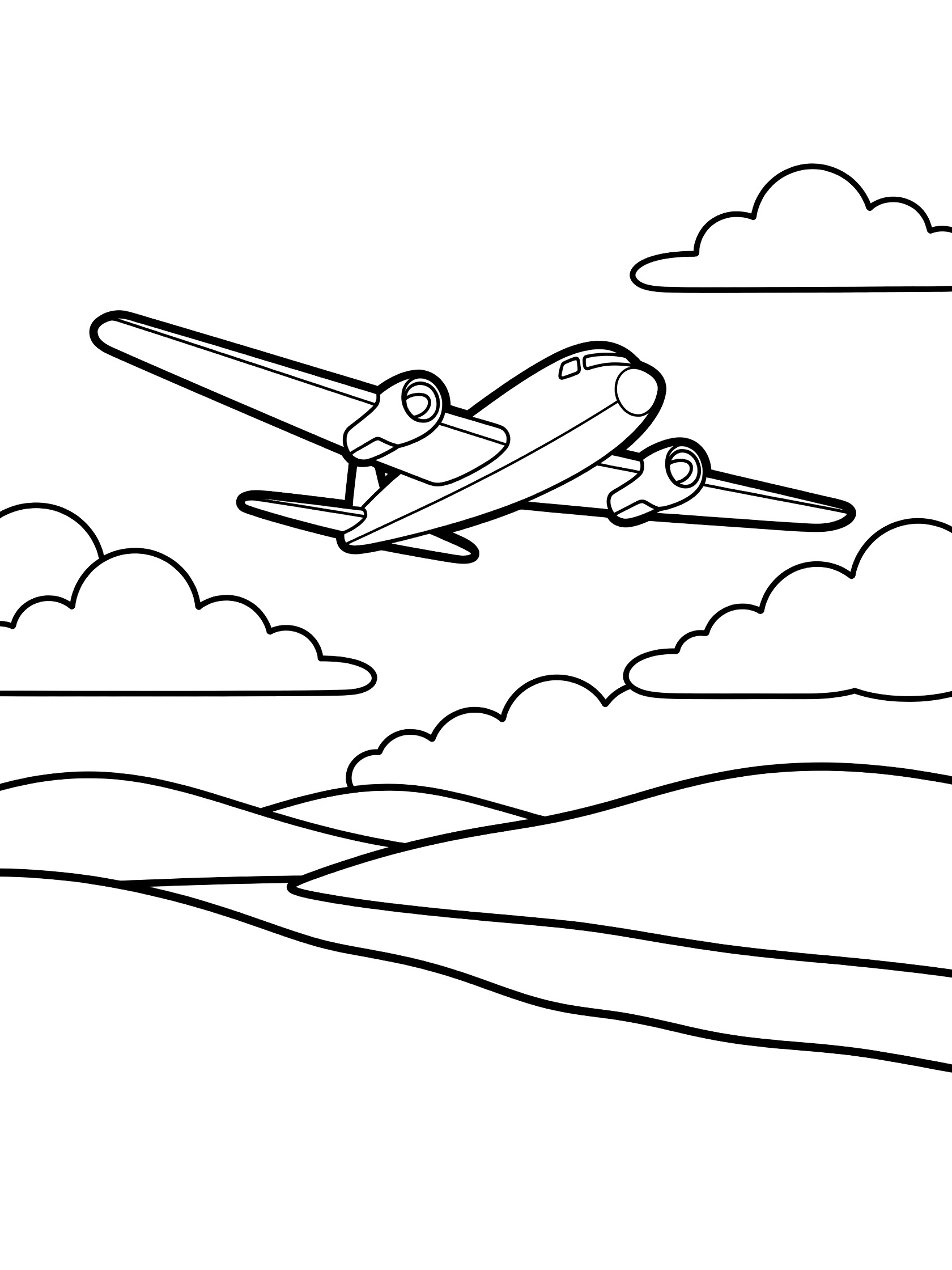 Black and white coloring page showing a propeller airplane flying above rolling hills with fluffy clouds in the sky. Bomber themed black and white printable line art