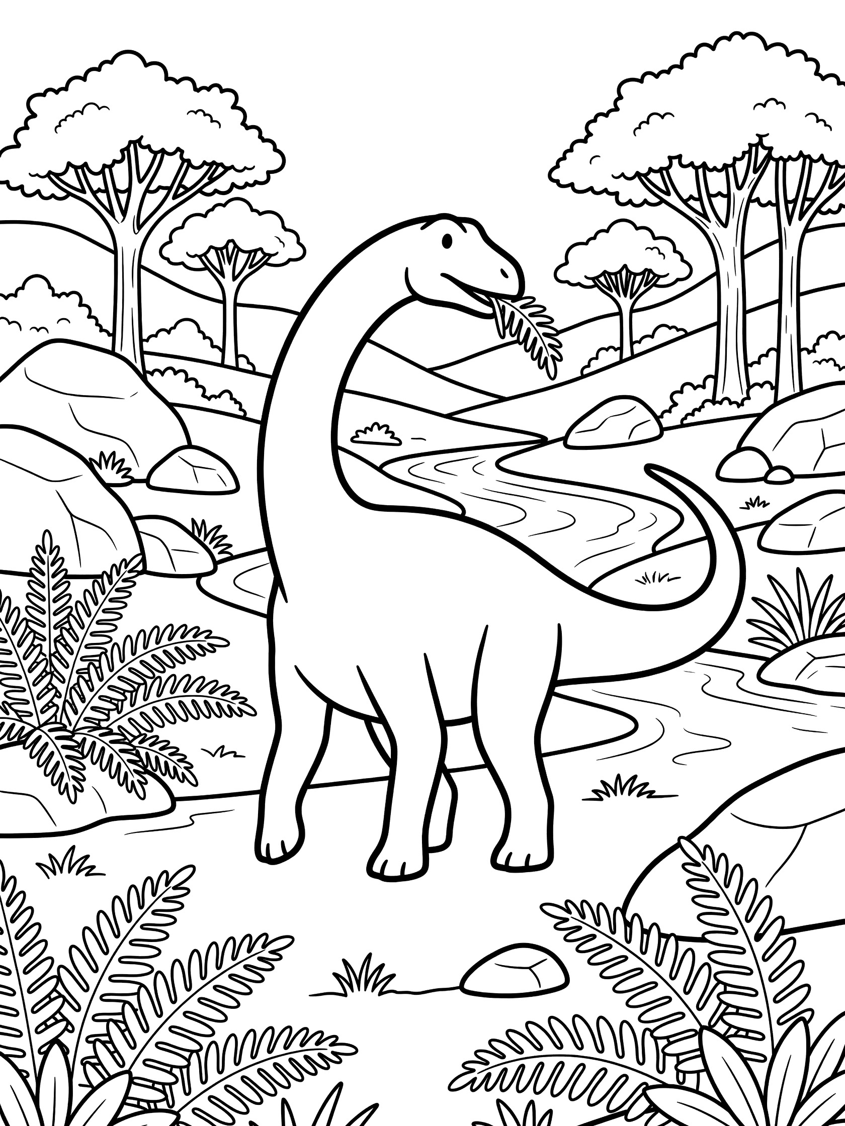 Black and white coloring page of a massive Alamosaurus dinosaur with long neck eating ferns while walking in a prehistoric valley with hills, trees, boulders, and stream.