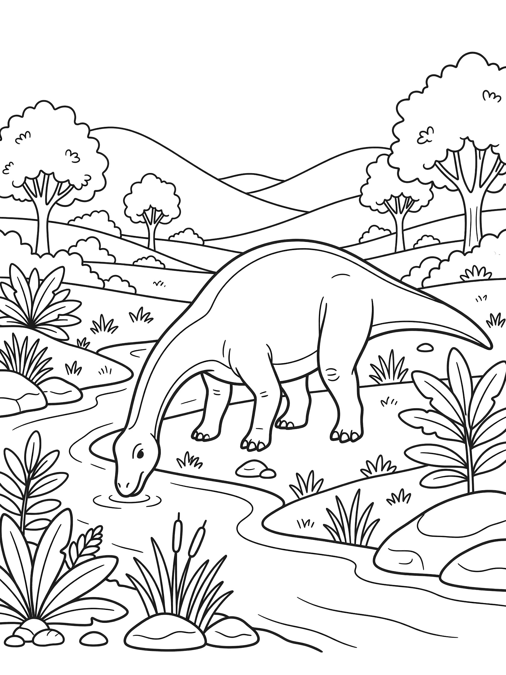 Black and white line art coloring page showing an Alamosaurus dinosaur drinking from a calm river with lush plants, reeds, rocks, trees, and rolling hills in the background.
