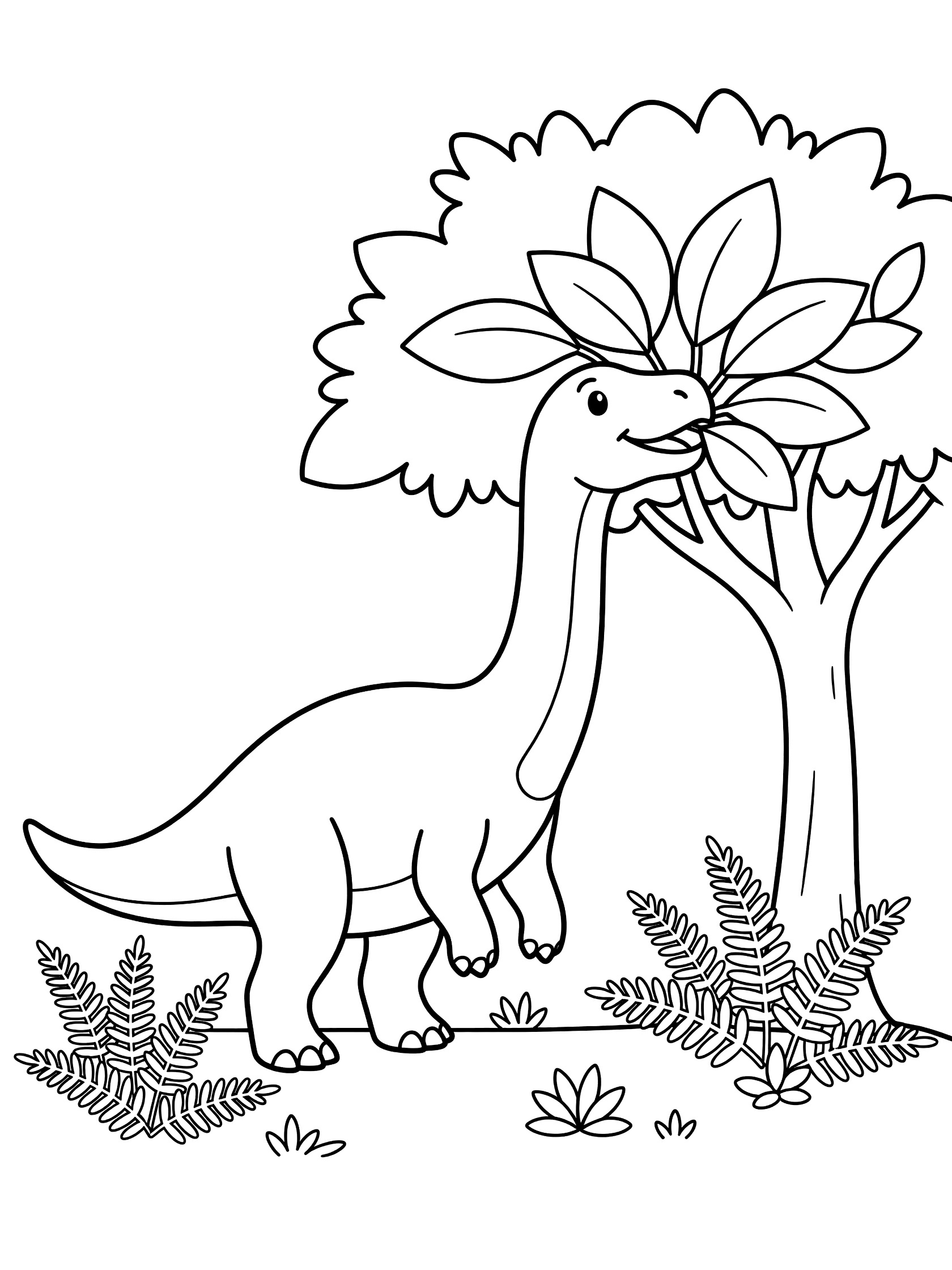Black and white line art of a long-necked Alamosaurus dinosaur standing on four legs eating large leaves from a bushy tree, surrounded by ferns and small plants on the ground.