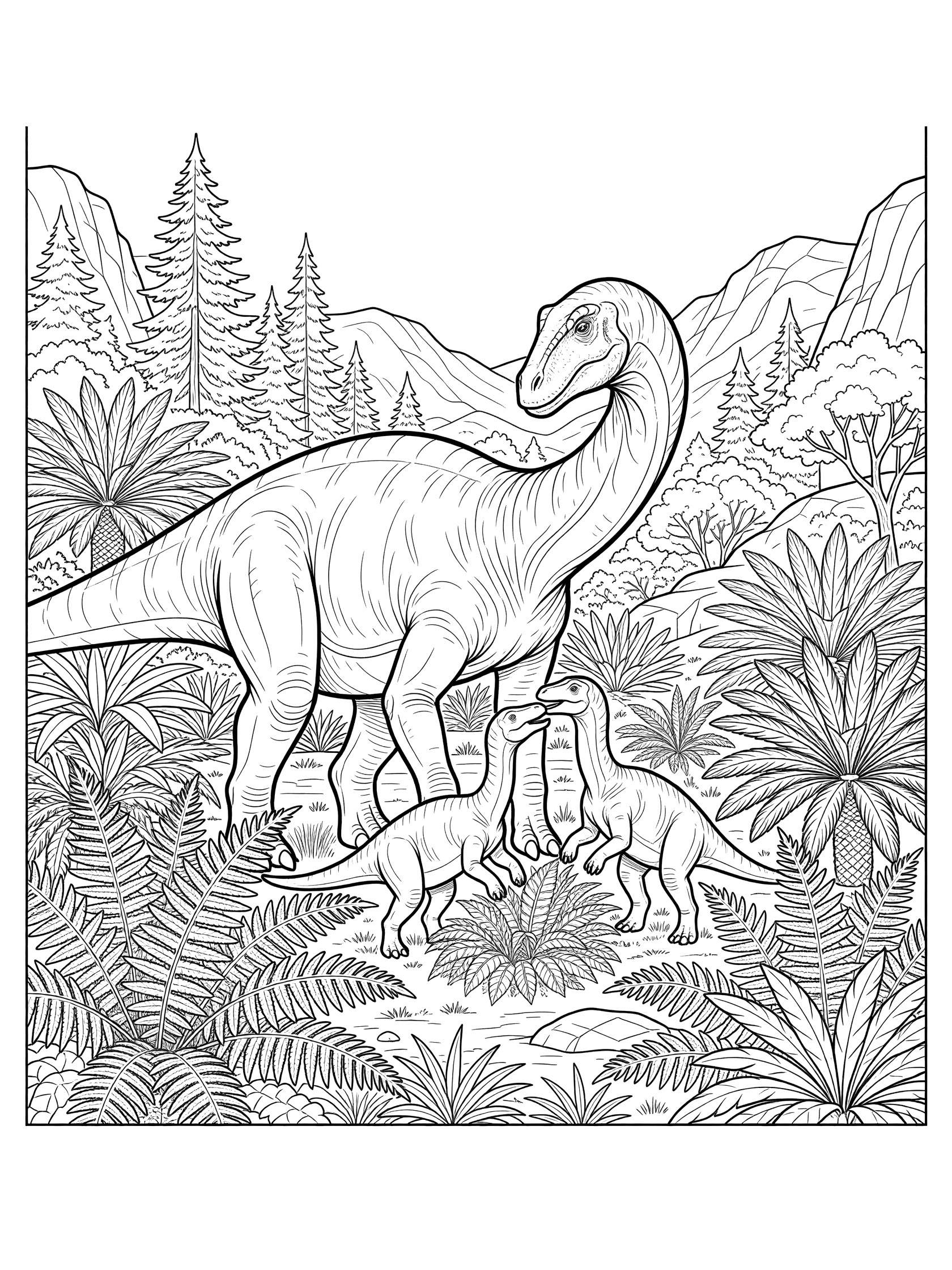 Black and white coloring page of a large adult Alamosaurus bending neck to two small baby Alamosaurus surrounded by prehistoric plants, ferns, trees, and rocky hills.