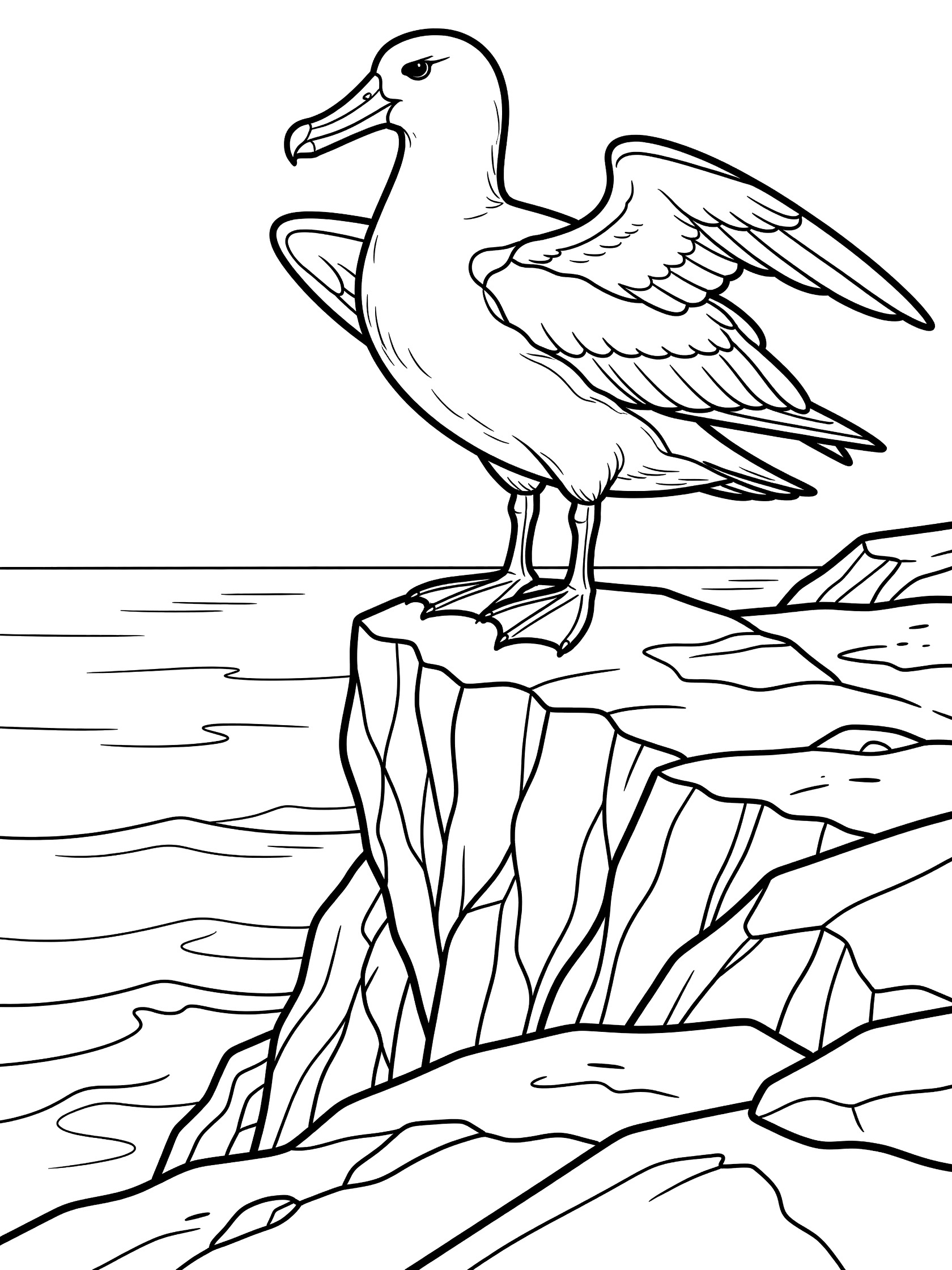 Black and white coloring page of a large albatross bird with spread wings on a rocky ocean cliff