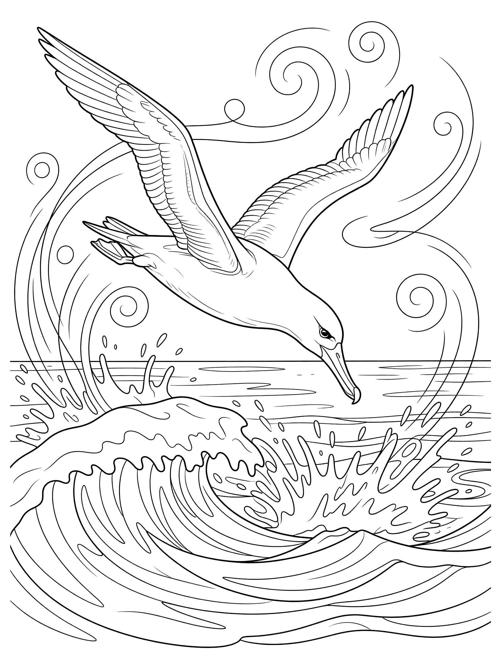 Black and white line art coloring page showing a large albatross bird with wide wings diving beak-first toward splashing ocean waves and swirly wind lines.