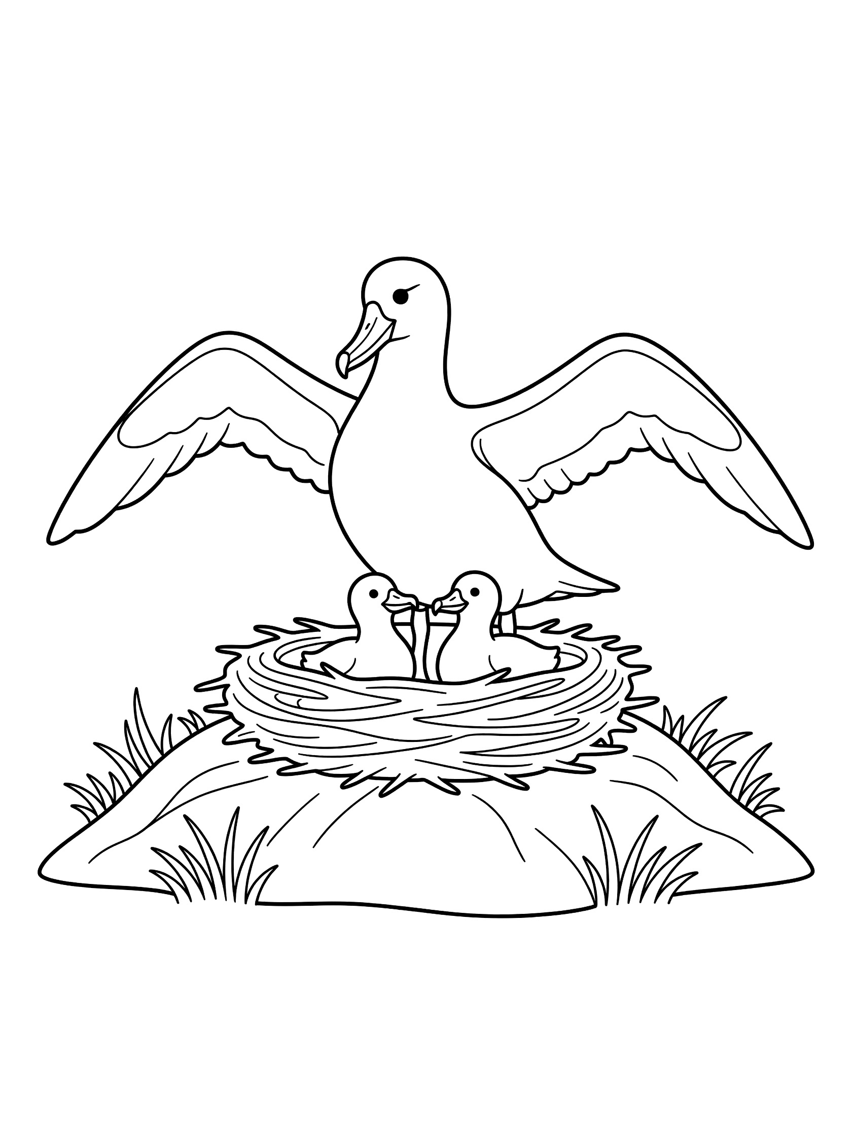 Black and white coloring page showing a parent albatross with wings spread over a nest with two tiny chicks peeking out, on a grassy hill.