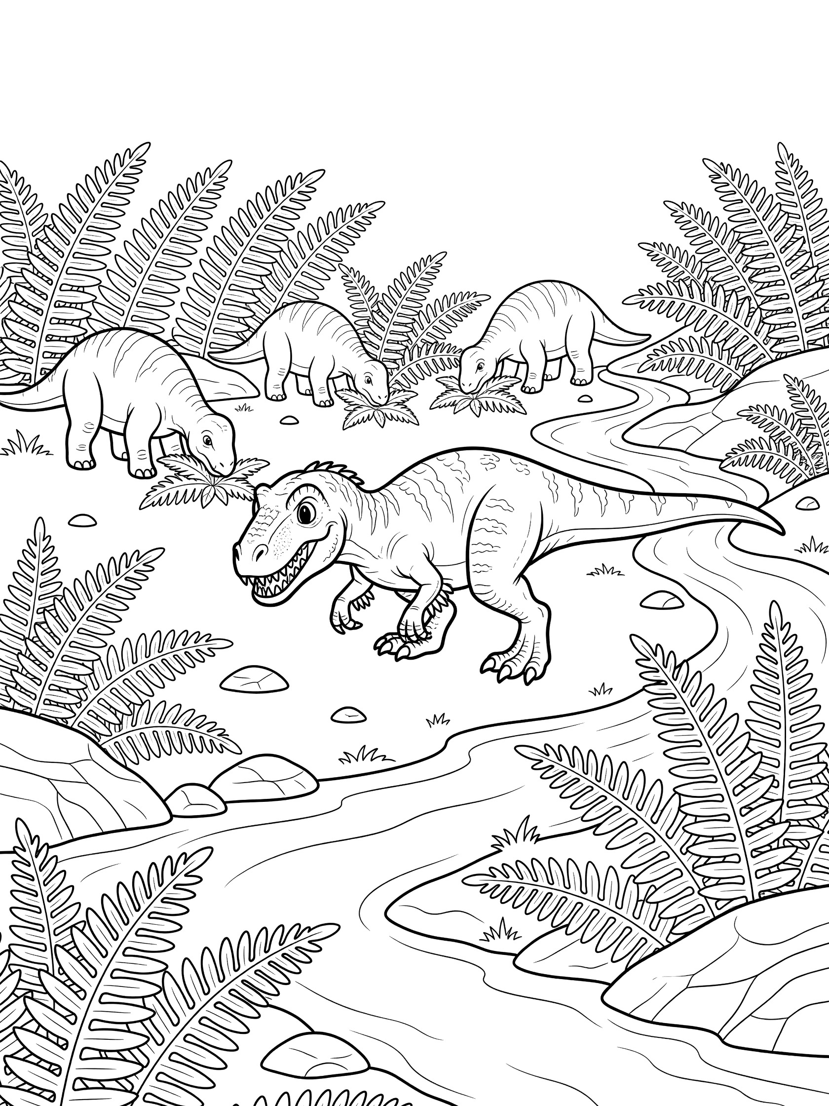 Cute cartoon Albertosaurus with big eyes and grin hunting plump hadrosaurs in a forest clearing with ferns, rocks, and stream - printable coloring page