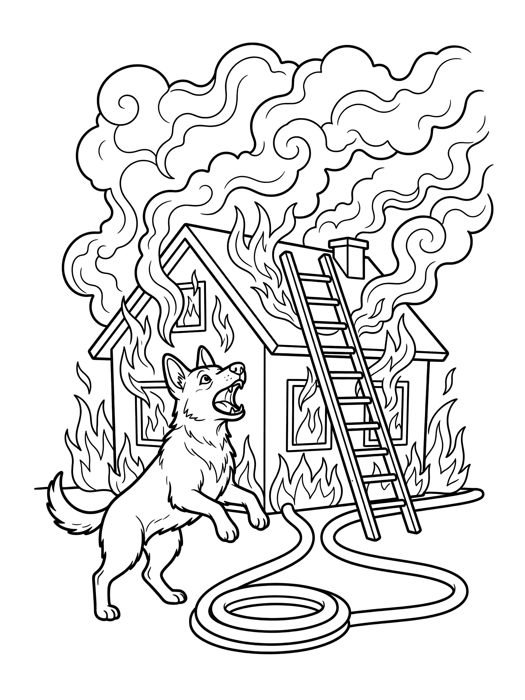 Black and white line art coloring page showing a German Shepherd rescue dog barking alertly at a small house on fire with smoke clouds, simple flames, nearby hose and ladder.
