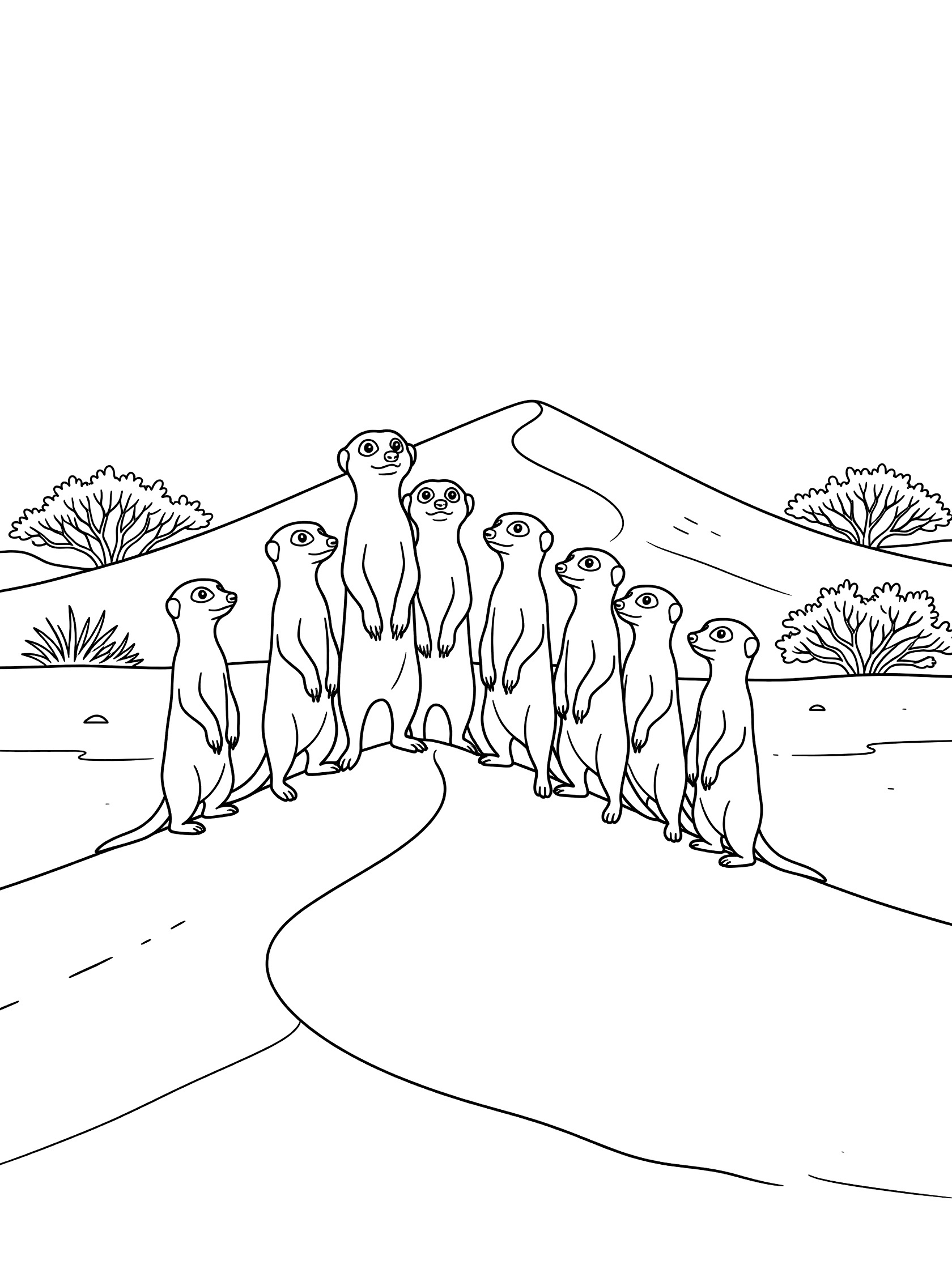 Black-and-white coloring page of meerkats standing alert on a large sand dune in the Kalahari Desert with sparse bushes in the background