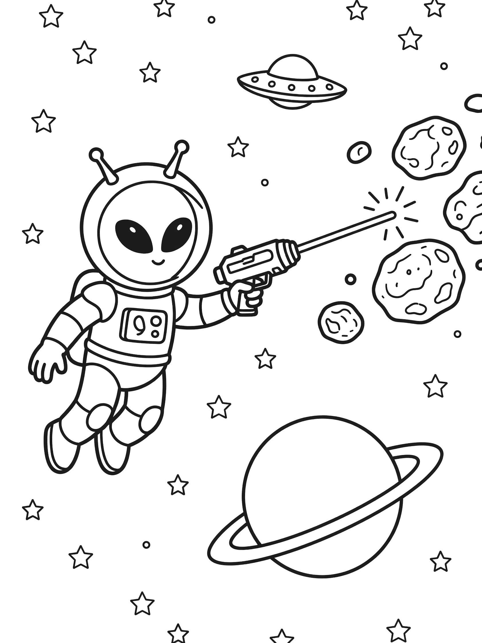 Black and white line art coloring page showing a smiling alien astronaut holding and firing a laser blaster at asteroids in outer space with stars, UFO, and a ringed planet.