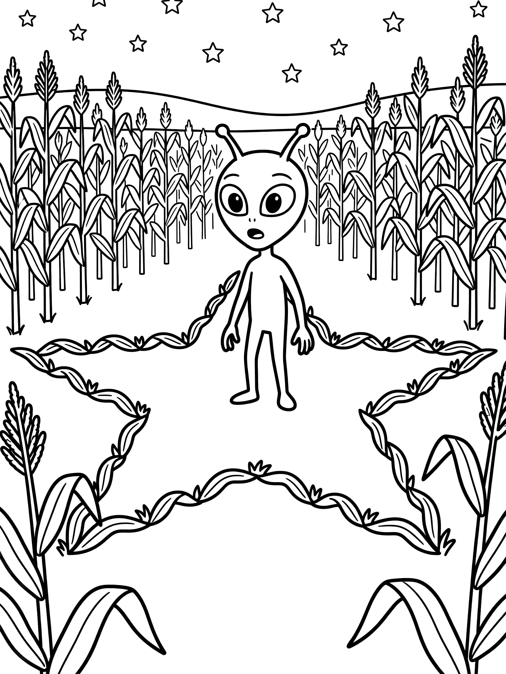 Black and white line art of a friendly alien discovering a star-shaped crop circle in a cornfield with stars in the sky.